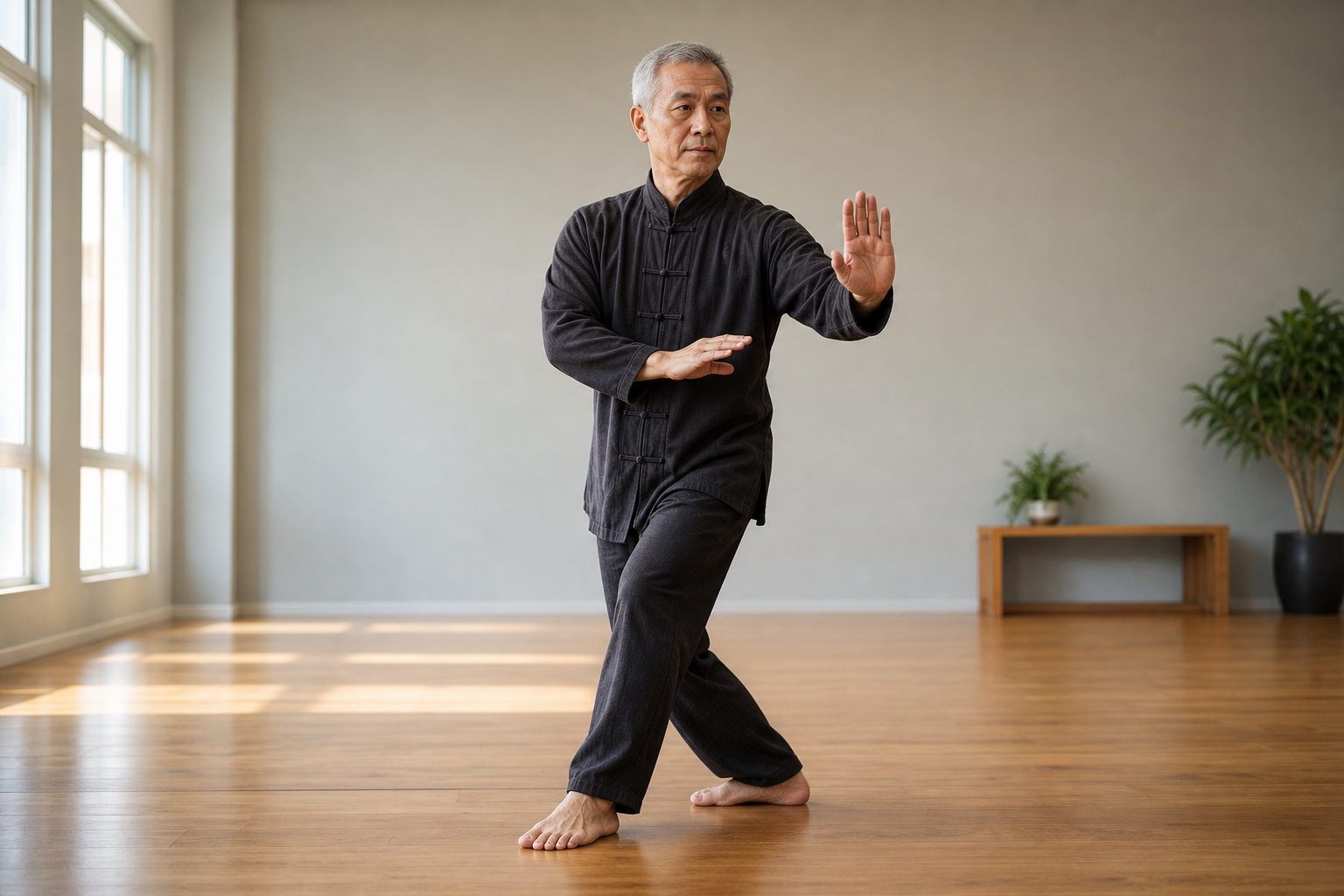 Close-up of older man's feet in tai chi step for balance