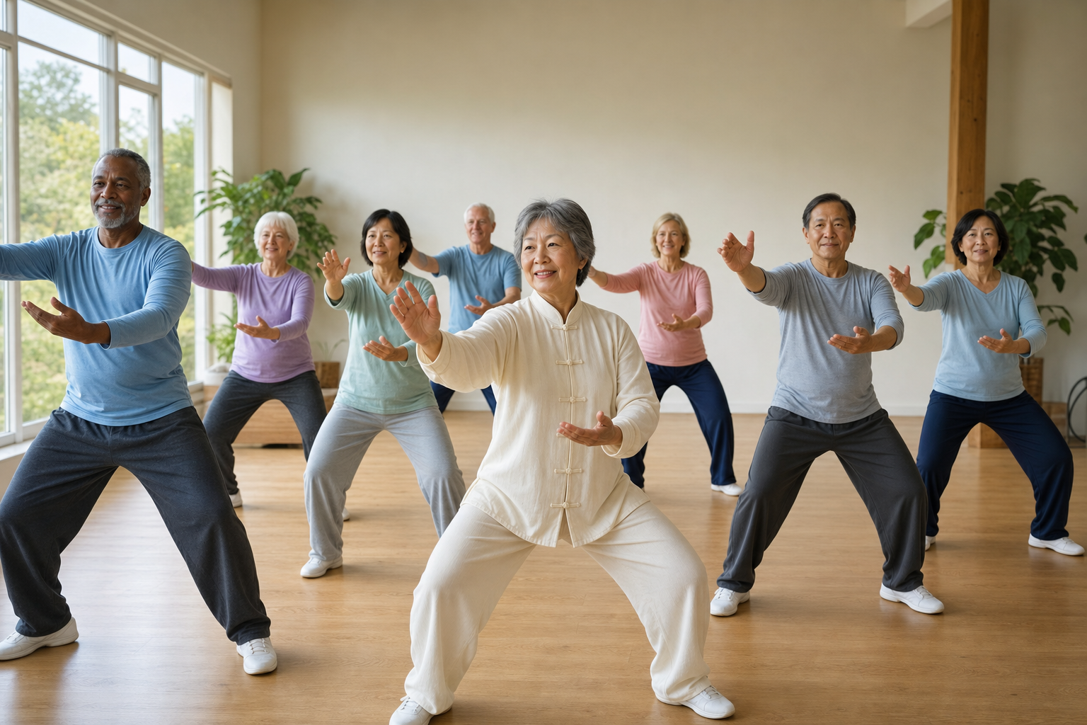 Older adults smiling during indoor tai chi class