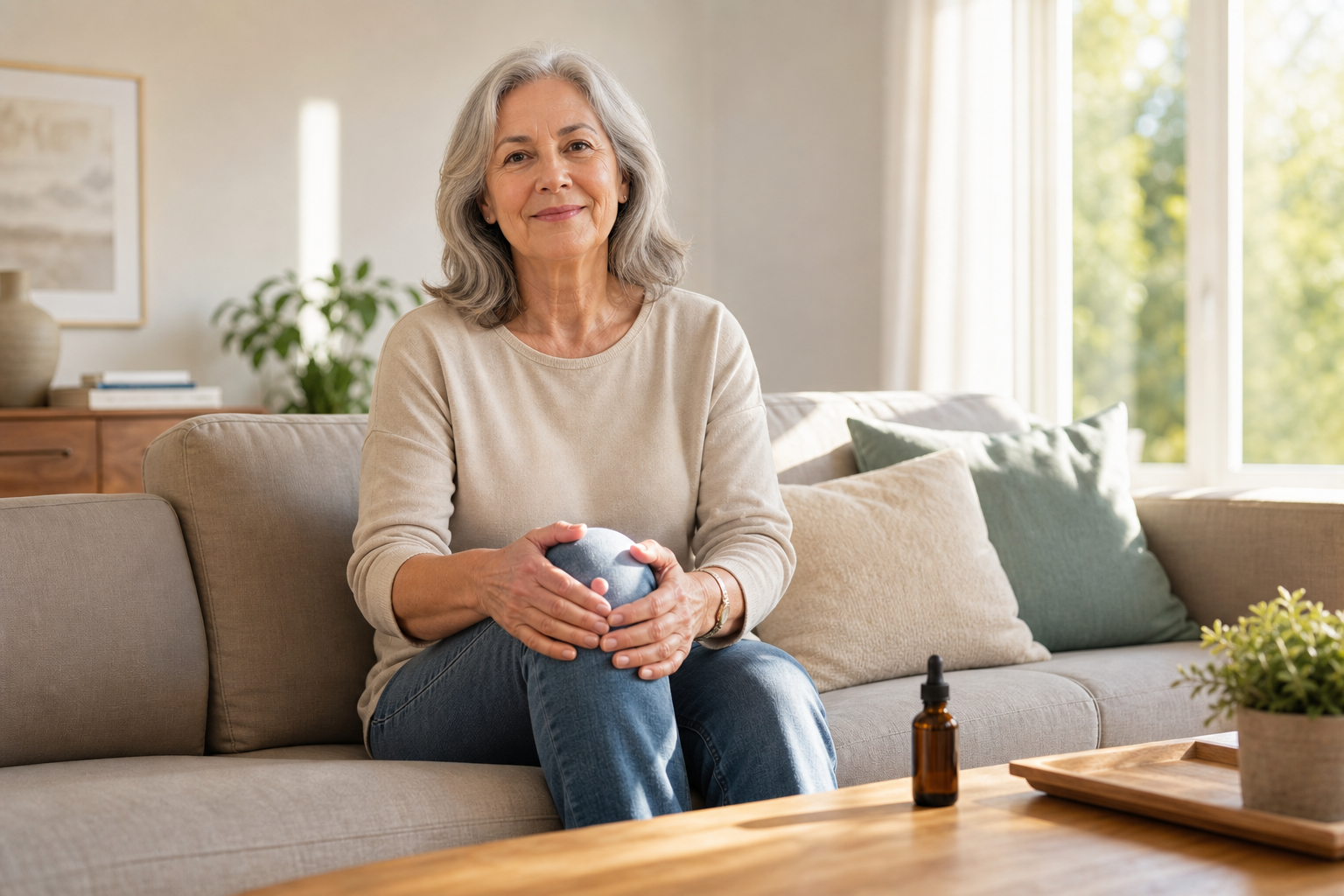 Older adult massaging knee with CBD oil bottle on table in sunlit room.
