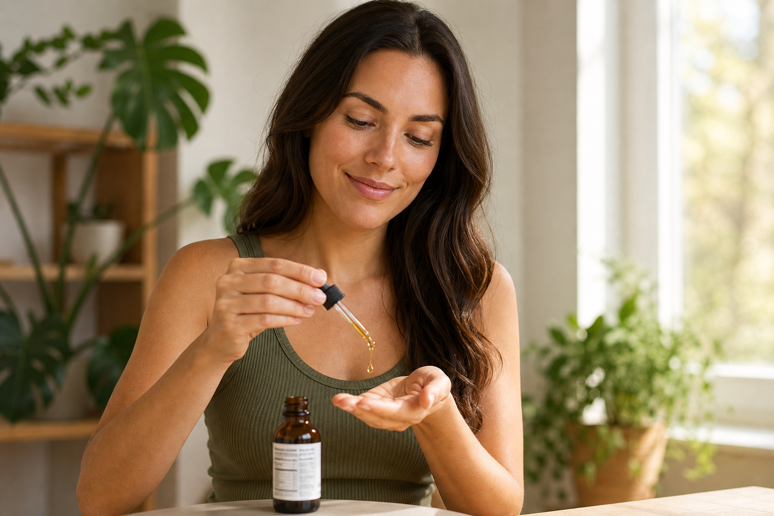 Dropper dispensing CBD oil into hand, CBD bottle visible, green plant background.