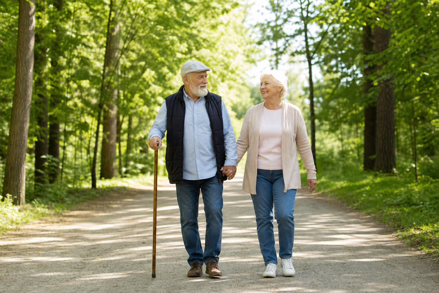 Older couple walking outdoors on park path, looking comfortable and active.