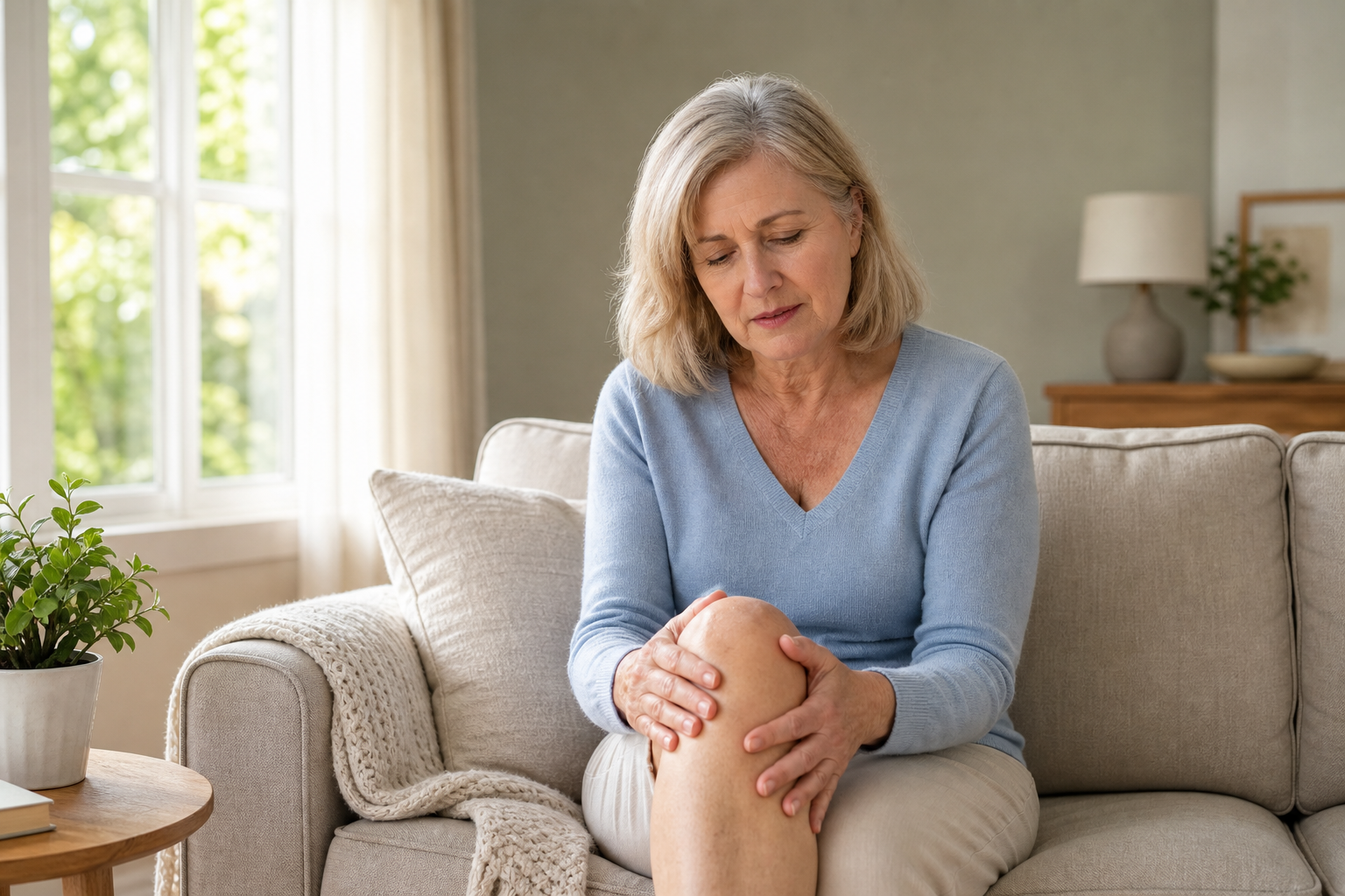 Older woman massaging her sore knee while sitting in a sunlit living room