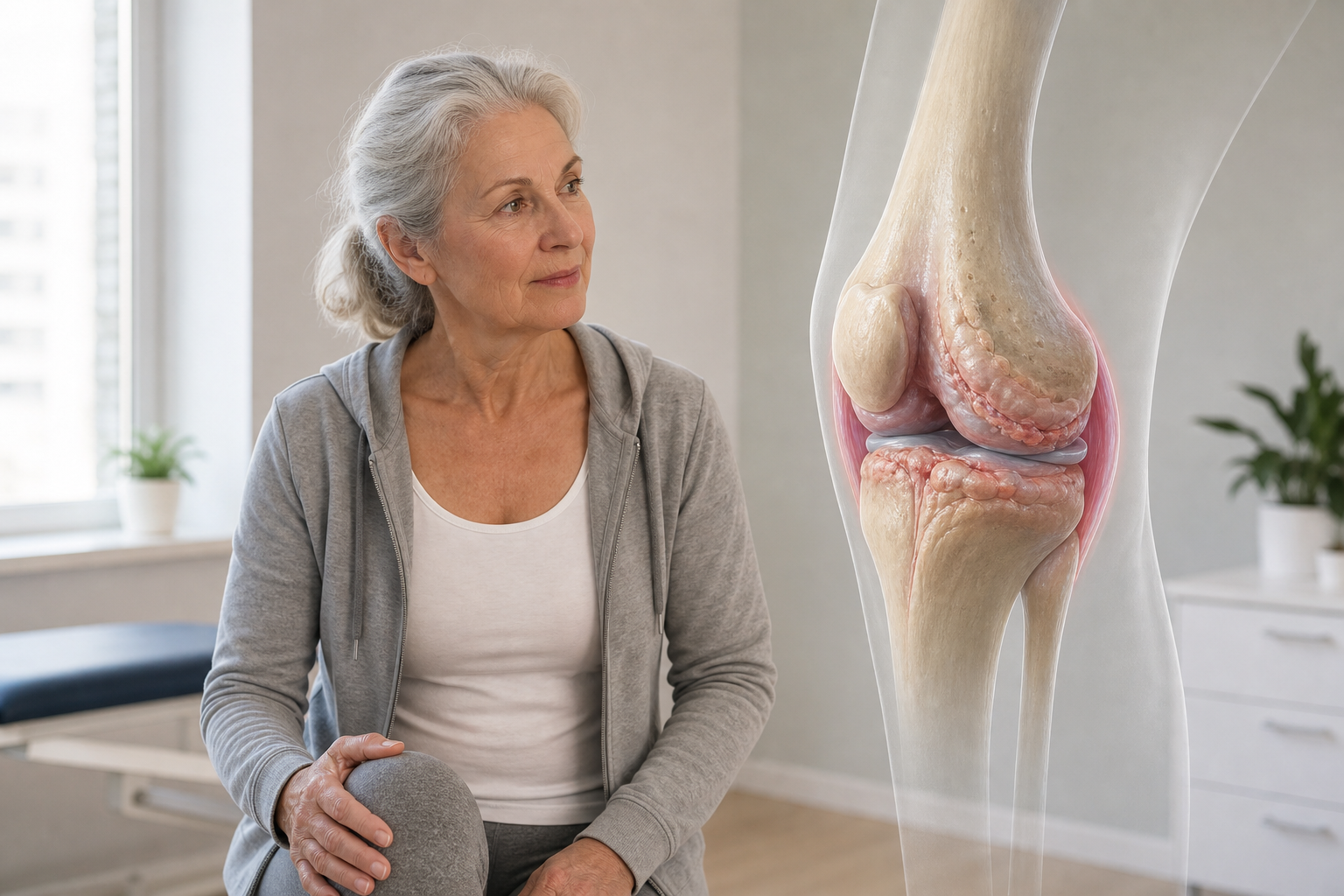 Medical illustration of aging female knee joint with thin cartilage and inflammation
