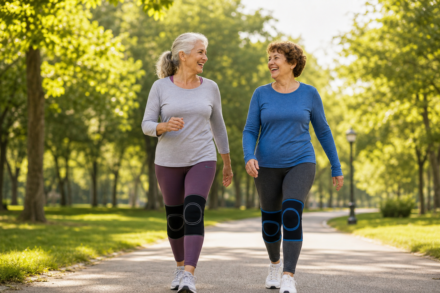 Older women walking in a park wearing knee braces and smiling