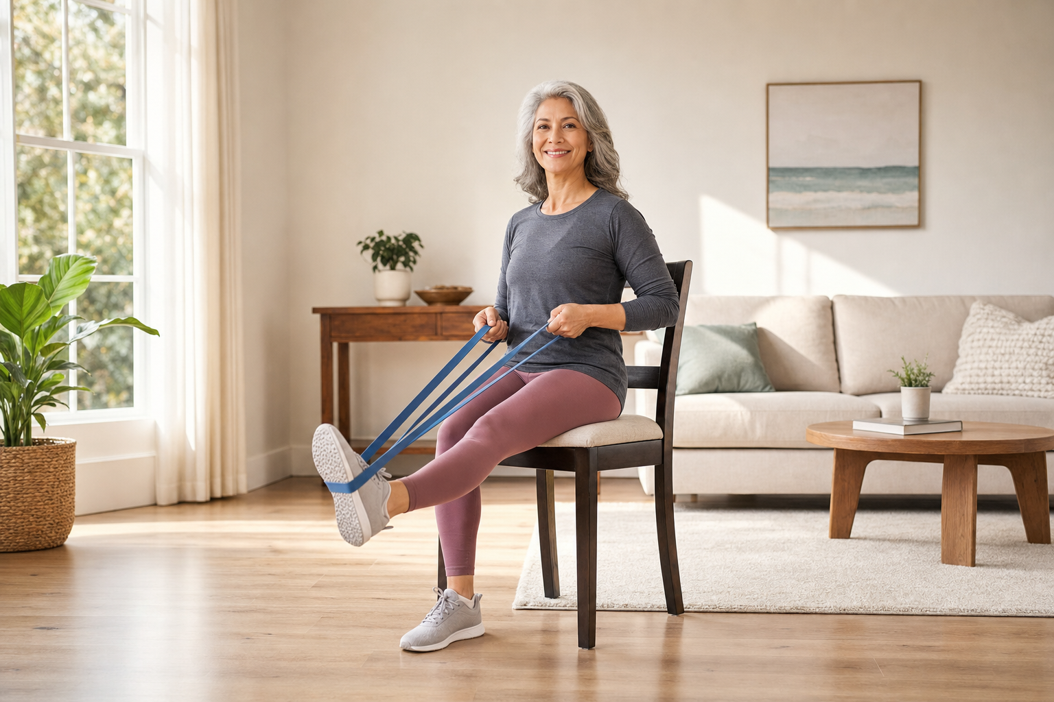Woman performing seated resistance band knee extension for arthritis therapy