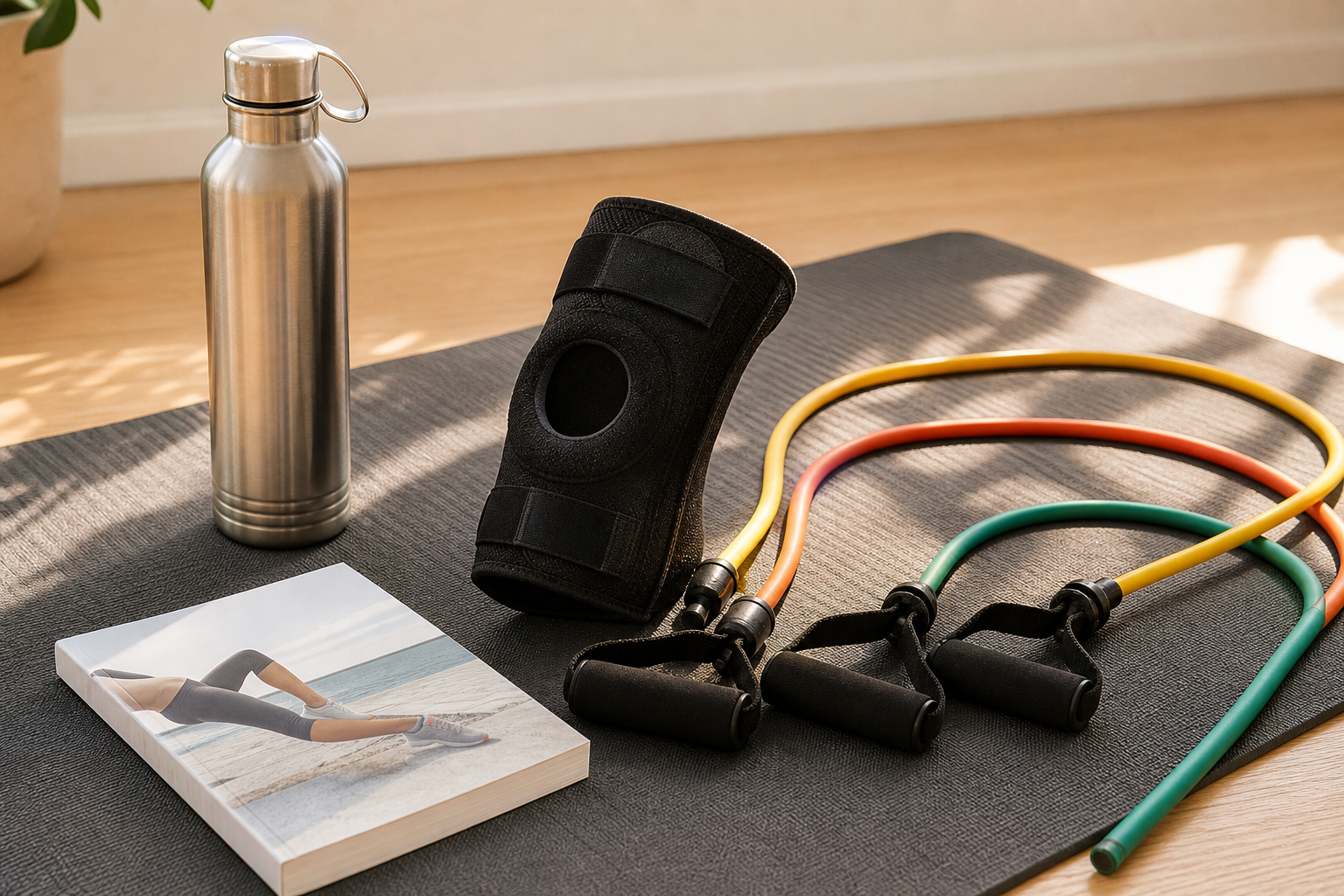 Resistance band exercise tools for arthritic knees, including bands and knee sleeve