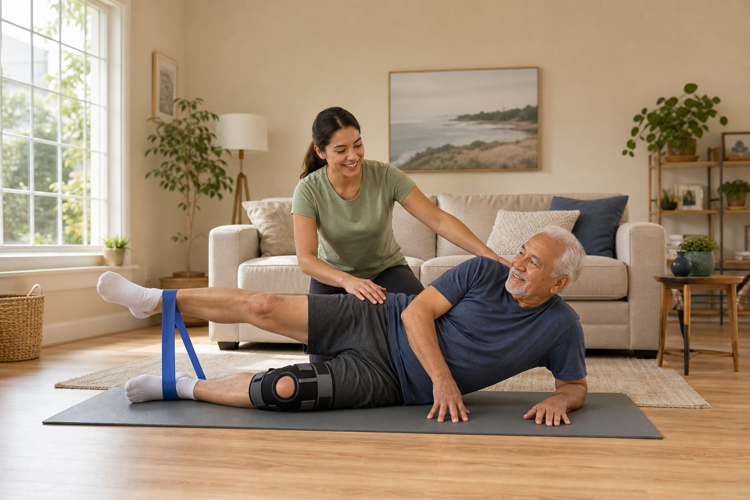 Elderly man with knee brace doing resistance band leg lift with granddaughter