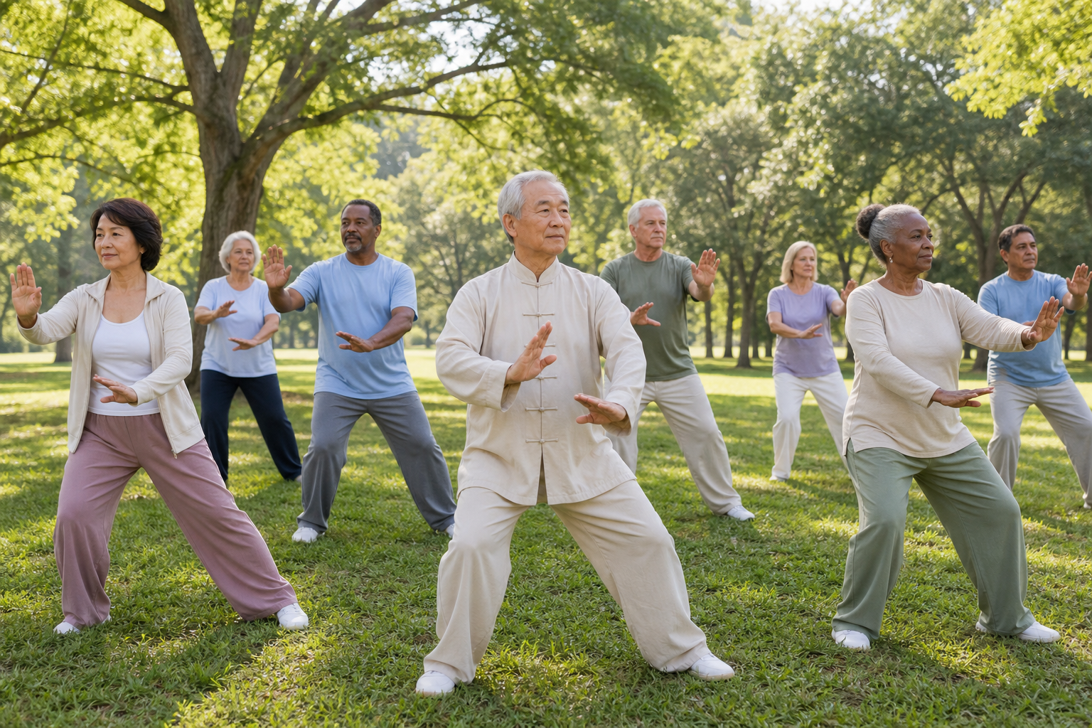 Seniors practicing tai chi outdoors for arthritis and balance