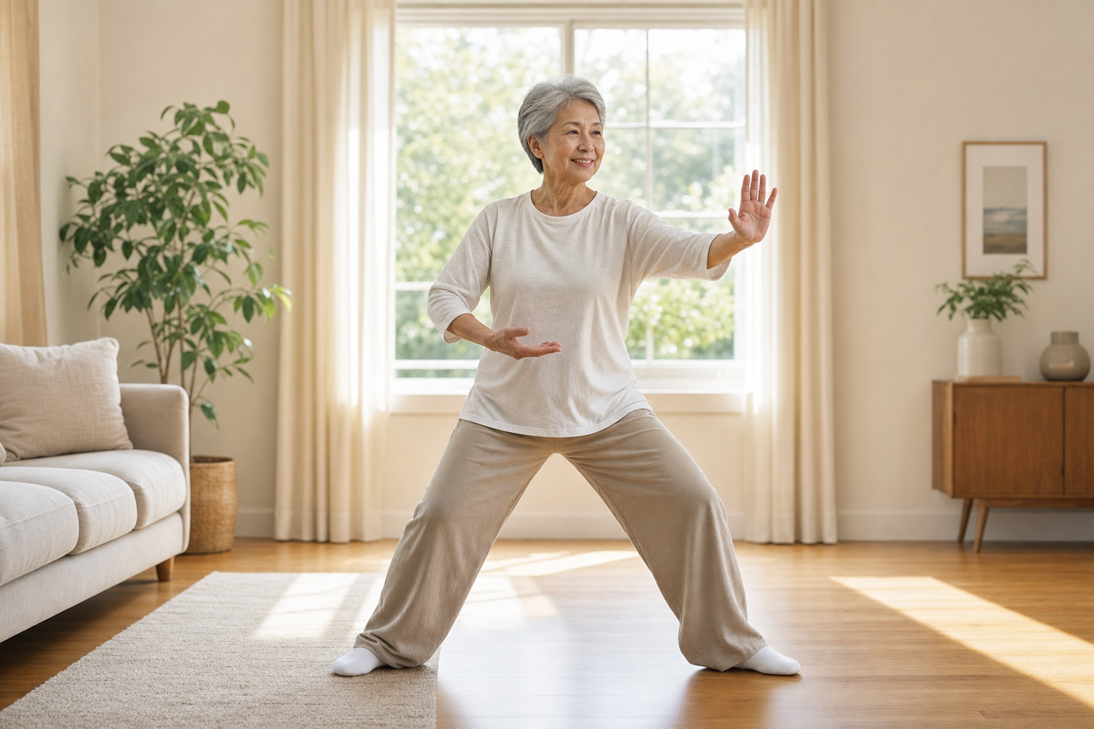 Older woman doing tai chi at home for joint health