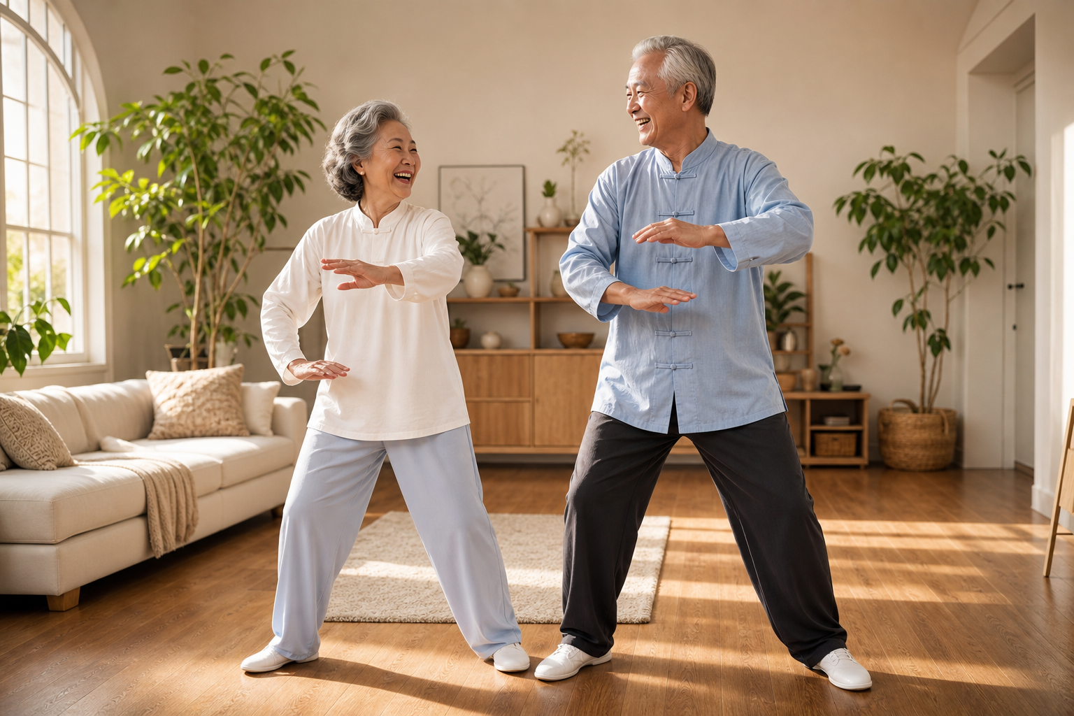 Older adults smiling after home tai chi session for arthritis relief