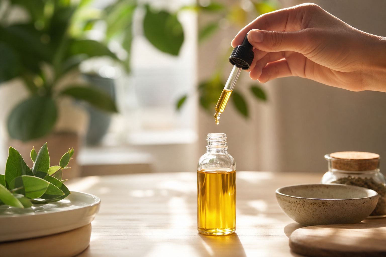 CBD oil bottle and dropper held above sunlit kitchen table with greenery