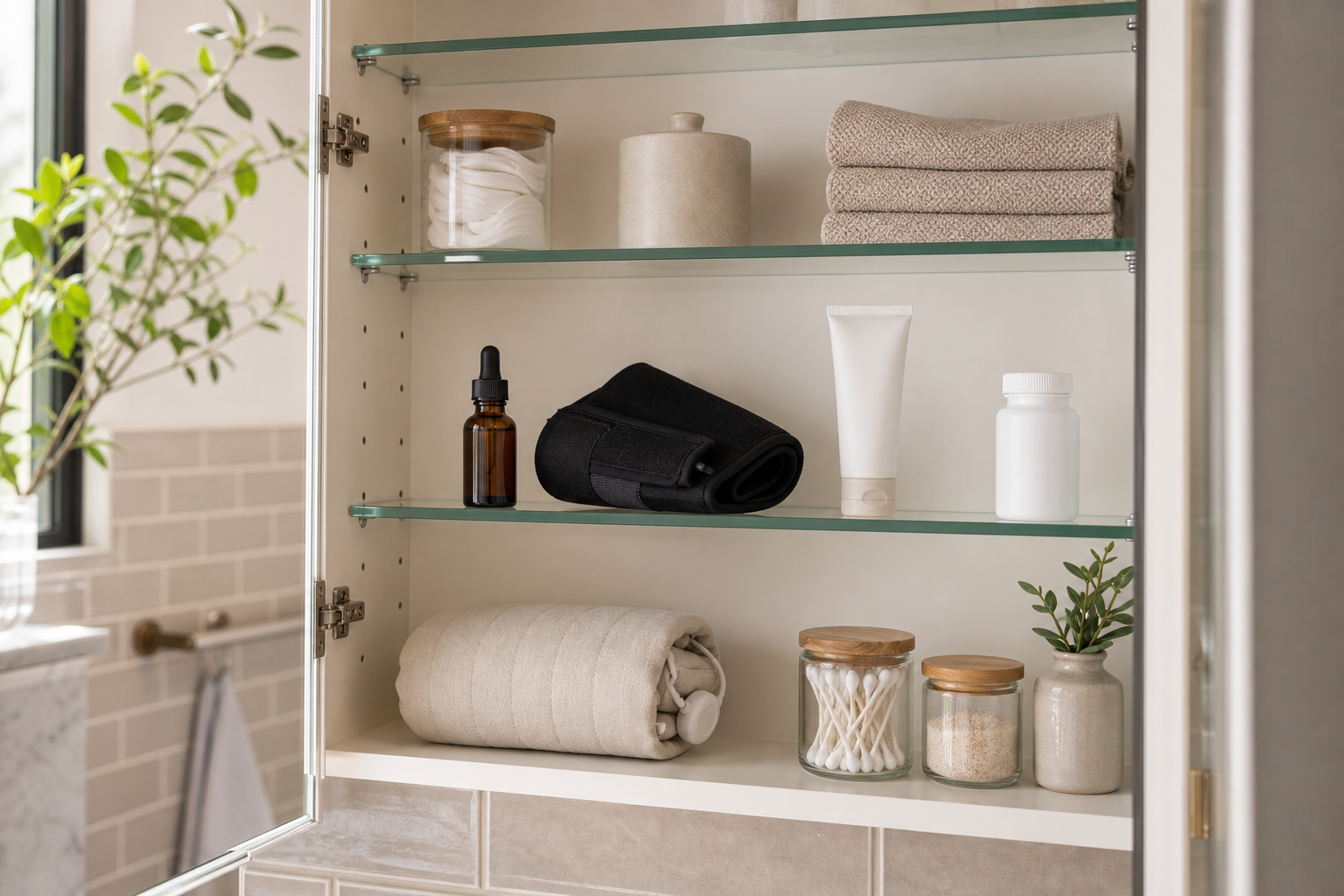 Medicine cabinet with CBD oil, knee brace, topical gel, pills, and heating pad