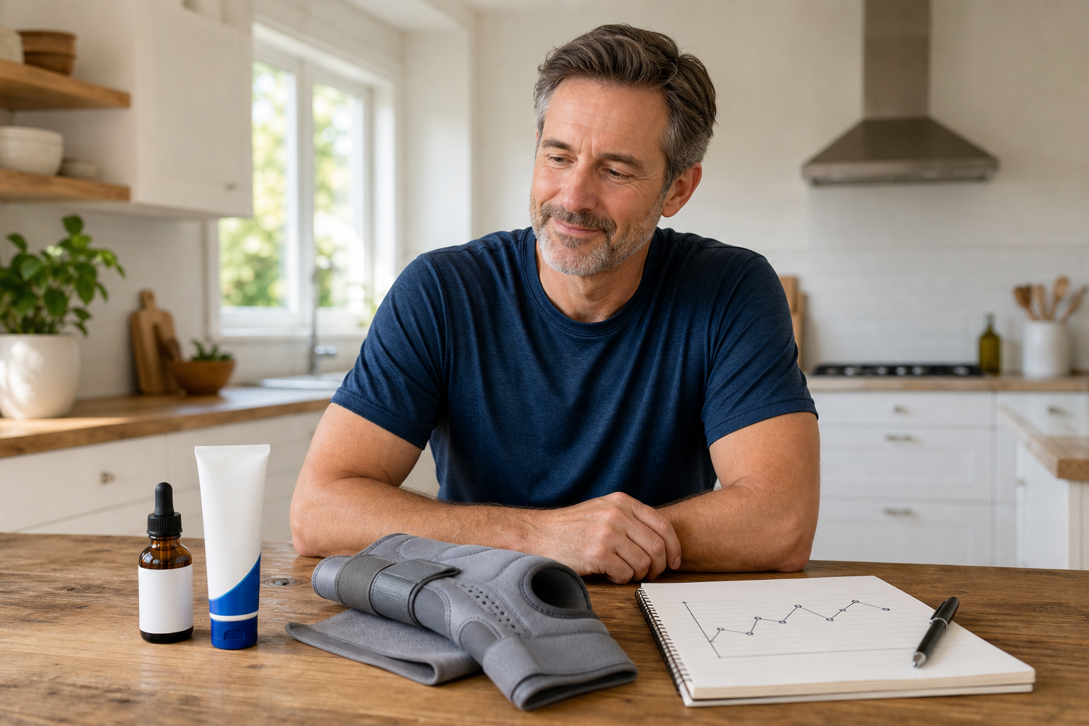 Pain relief products including CBD oil, gel, and knee brace on table