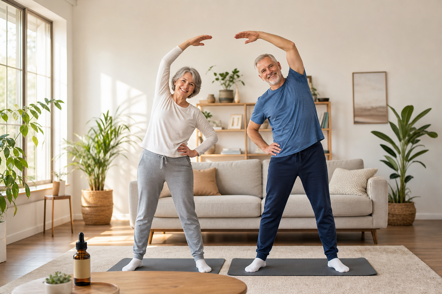 Senior couple stretching near bottle of CBD oil for joint health