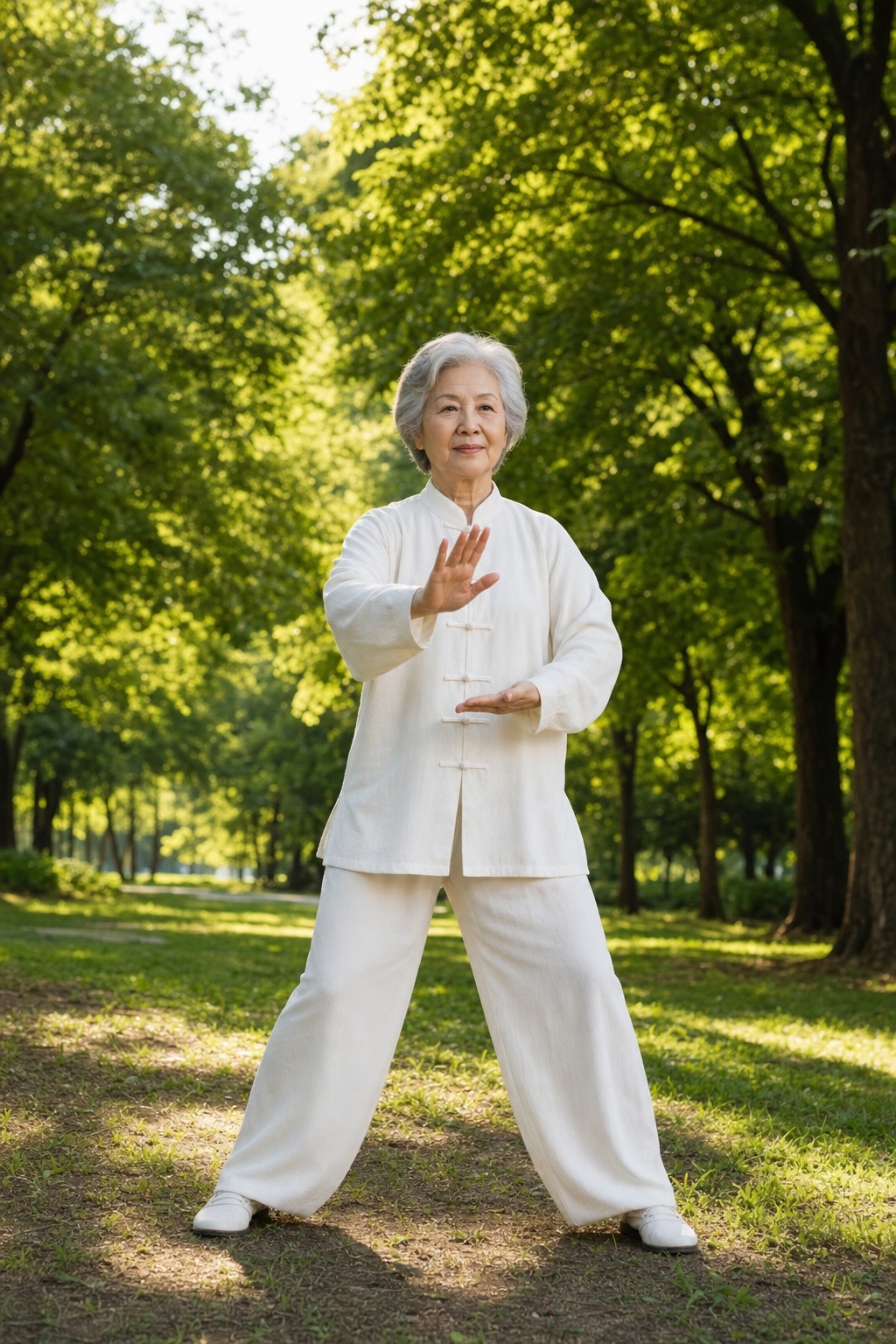 Older woman practicing tai chi in a park, focusing on balance and movement.