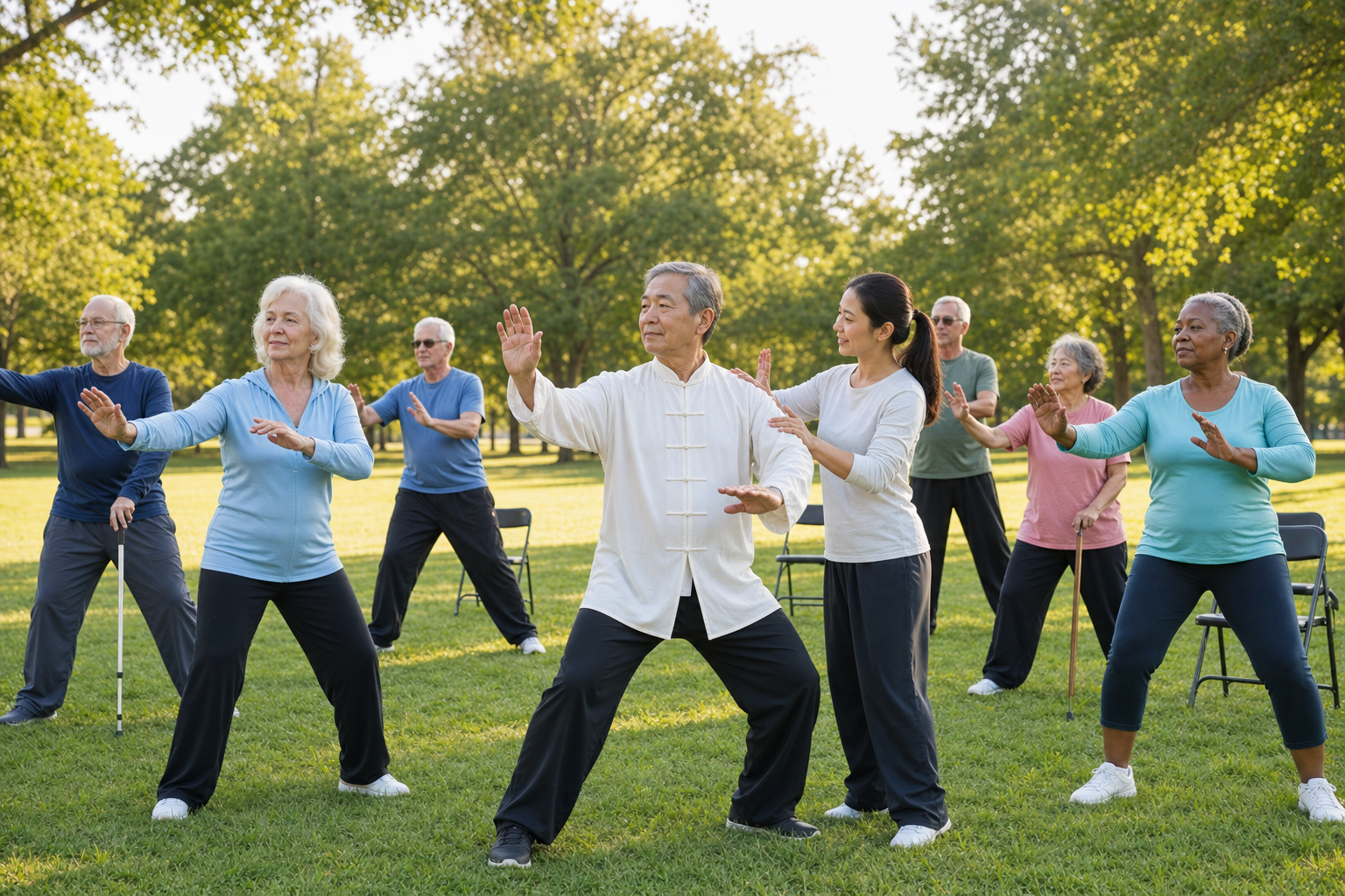Diverse seniors and instructor practicing tai chi outdoors with support equipment visible.