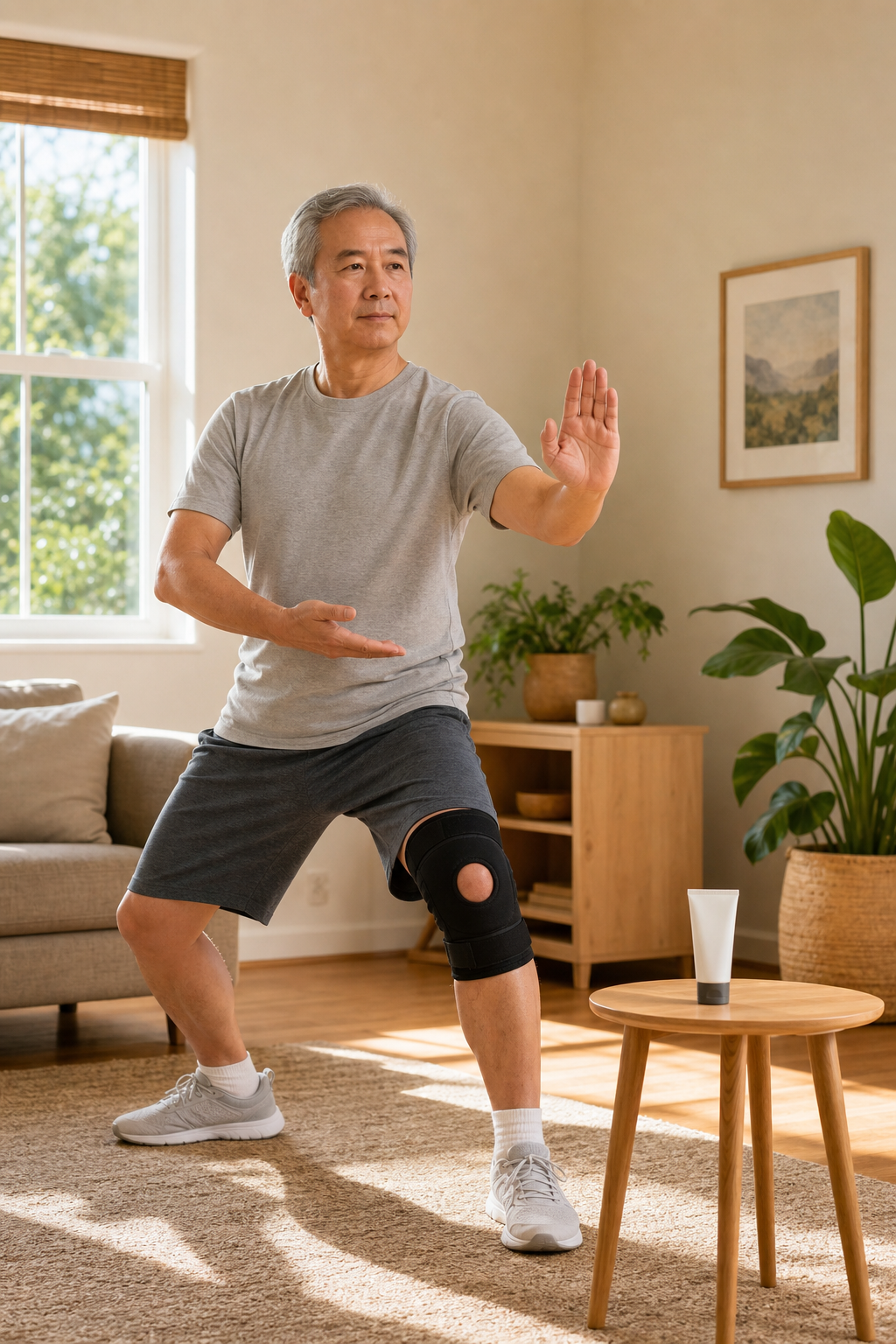 Older adult doing tai chi at home with a knee brace and topical arthritis gel visible.