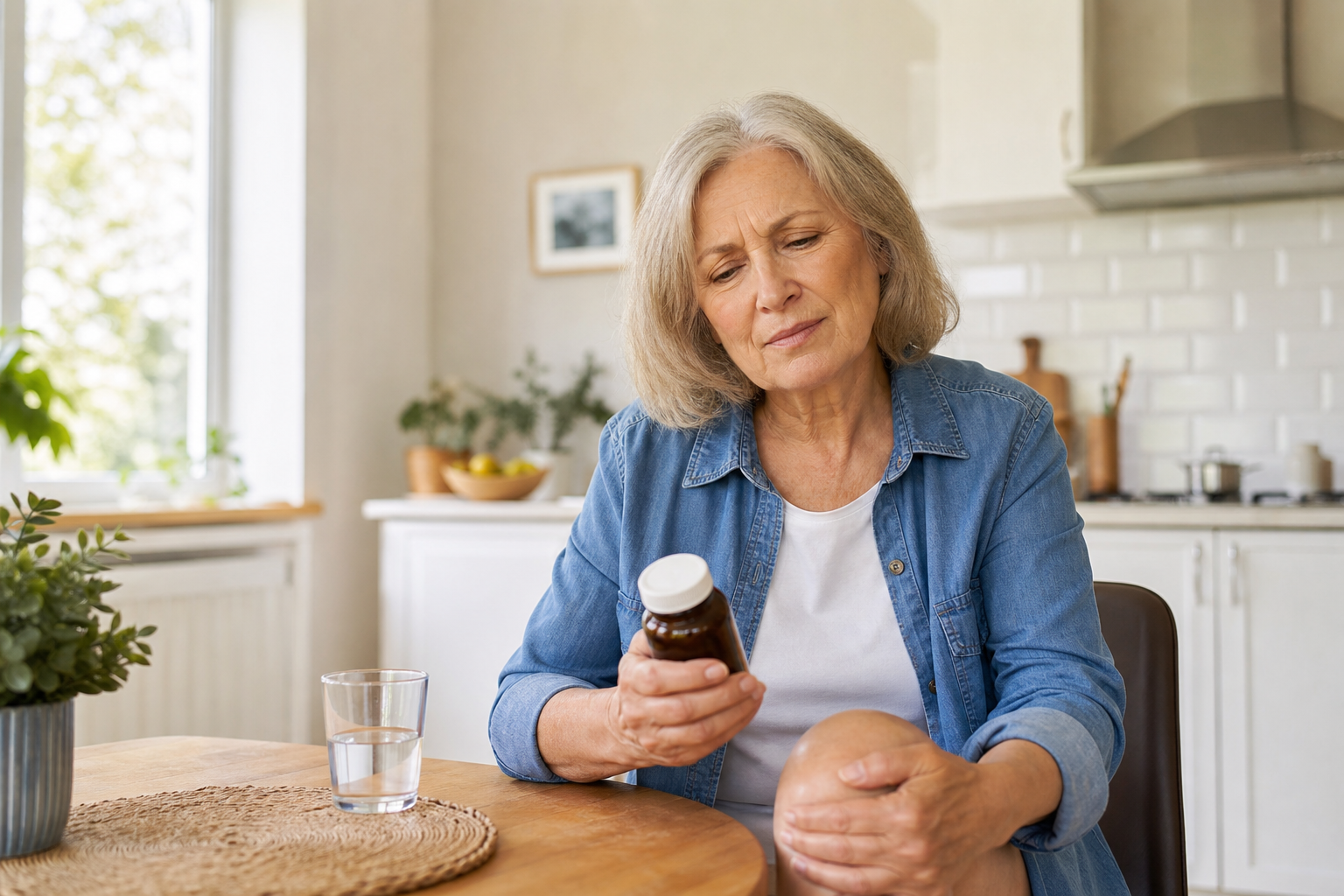 Senior woman looks at fish oil bottle and rubs swollen knee at kitchen table