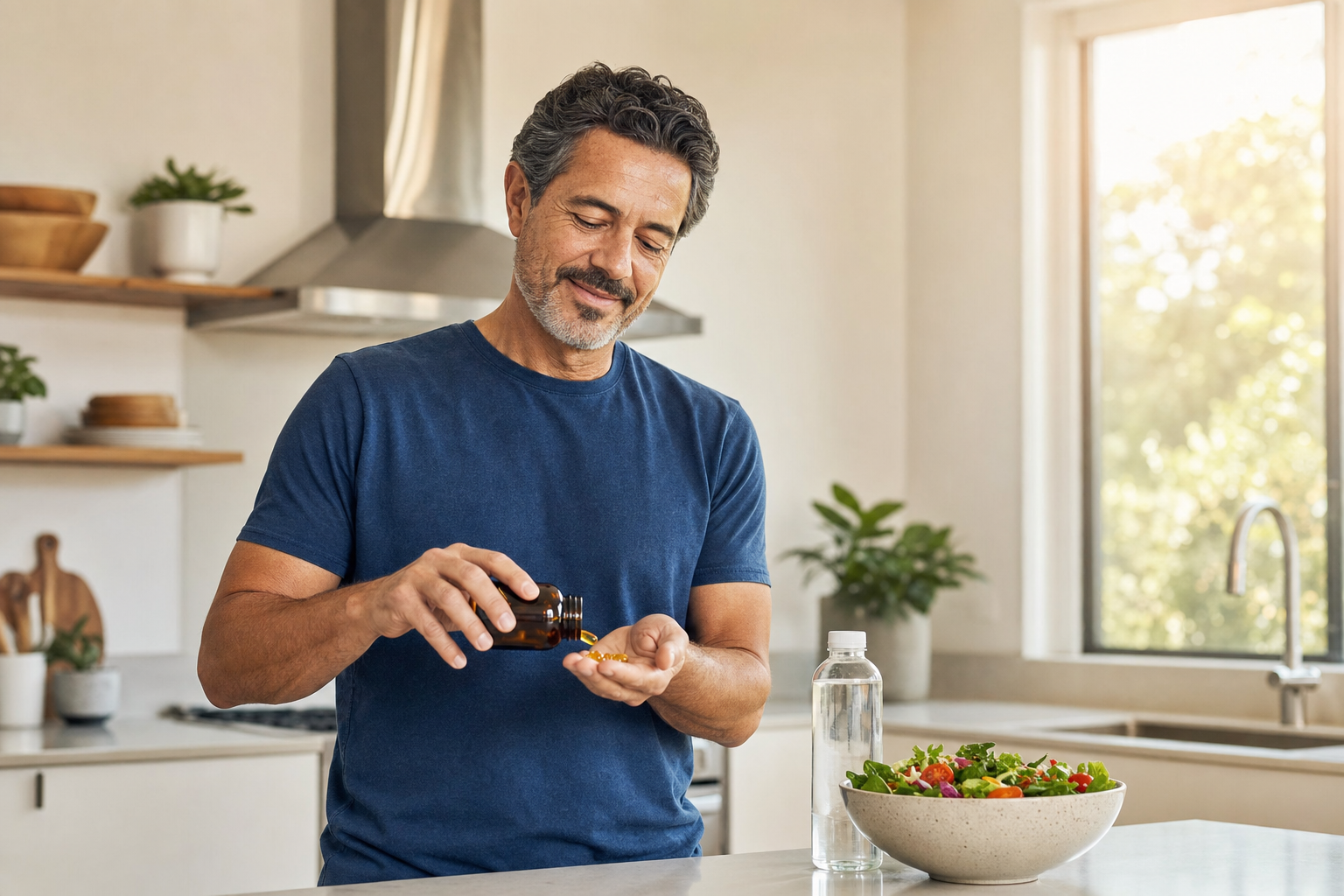 Man in kitchen pours fish oil capsules into palm with water and salad nearby