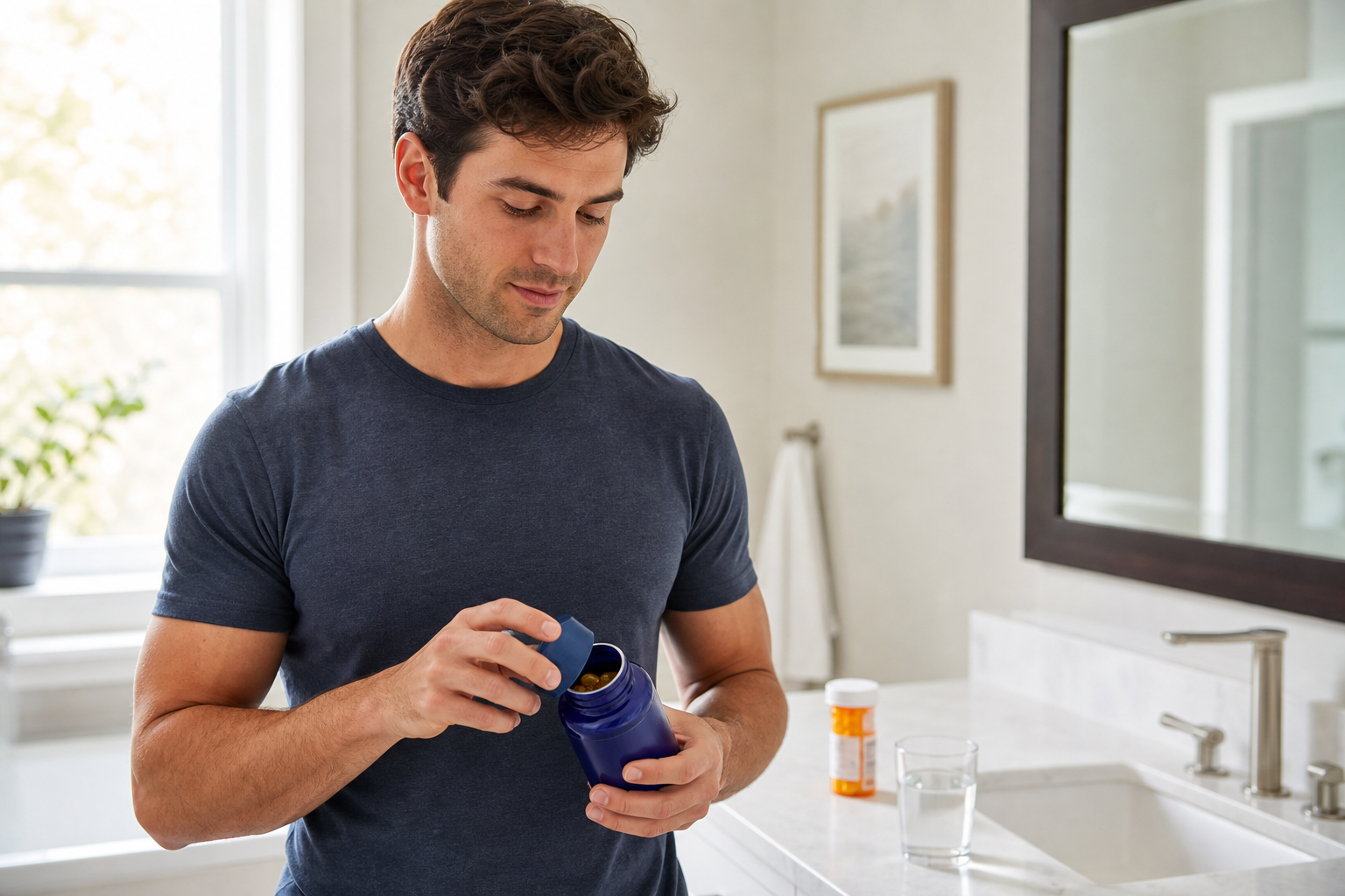 Hand opens fish oil supplement on bathroom counter with prescription bottle in background
