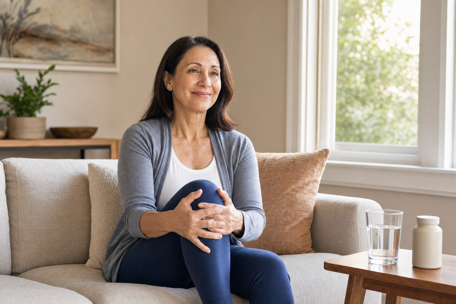 Woman massaging her knee with hyaluronic acid supplement bottle and water glass nearby.