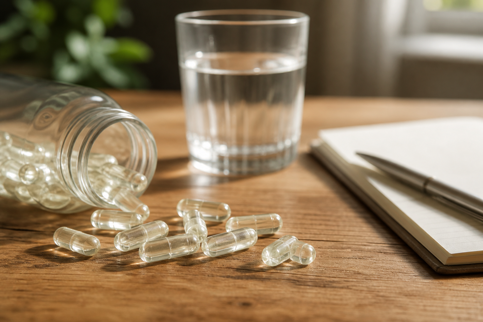 Hyaluronic acid supplement capsules on a wooden table with water glass.