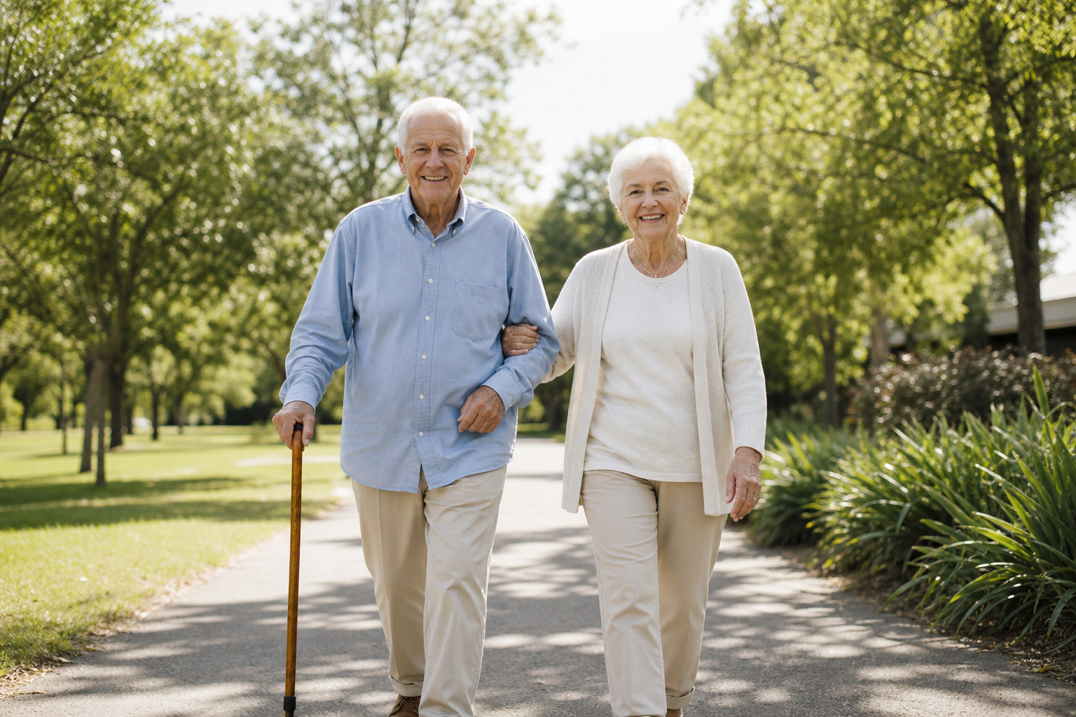 Senior couple walking comfortably in a sunny park, looking pain-free.