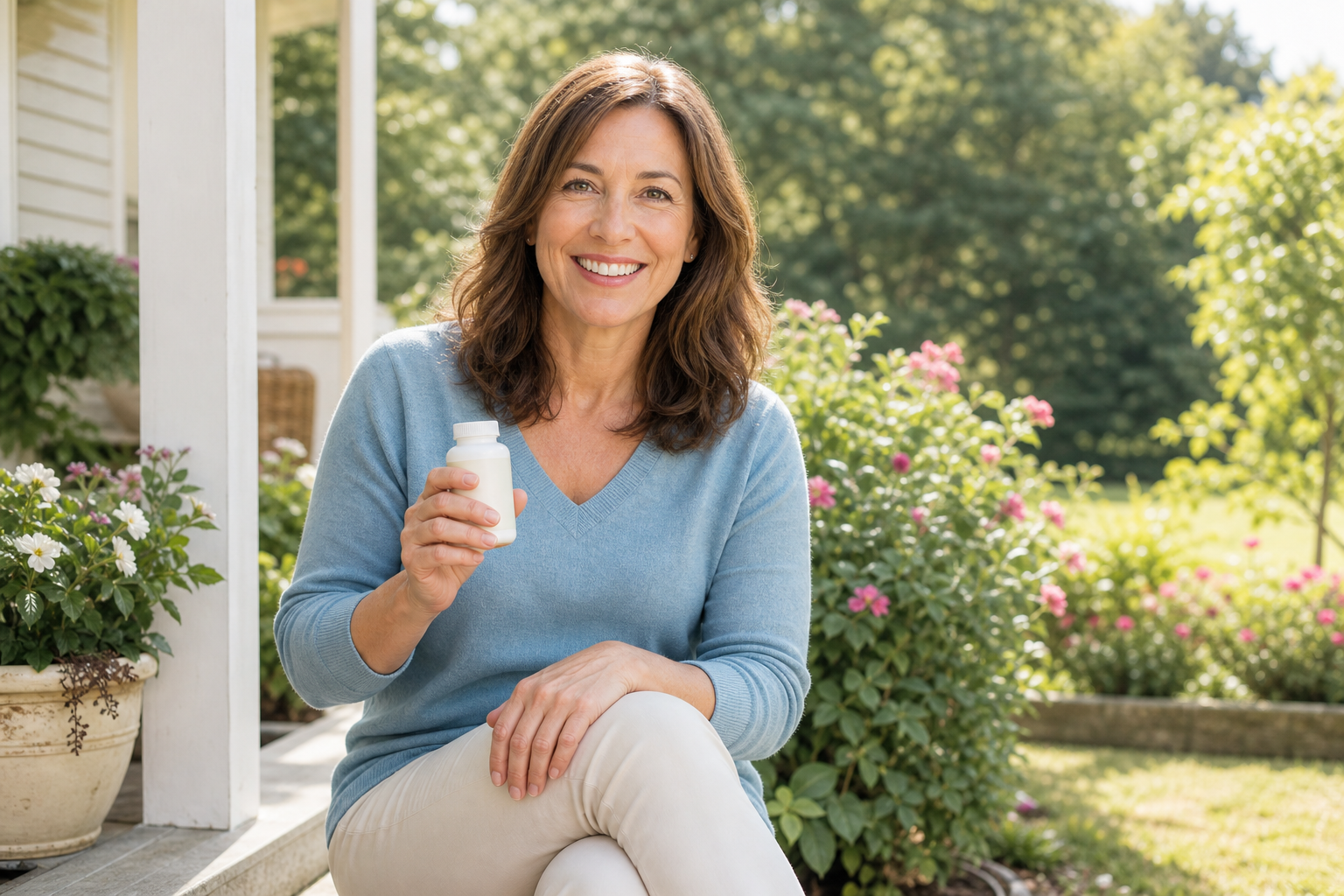 Middle-aged woman holds supplement bottle, hand on knee, on sunny porch.