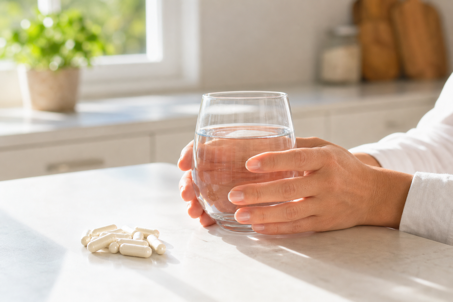 Hands hold water glass and hyaluronic acid capsules by sunny window.