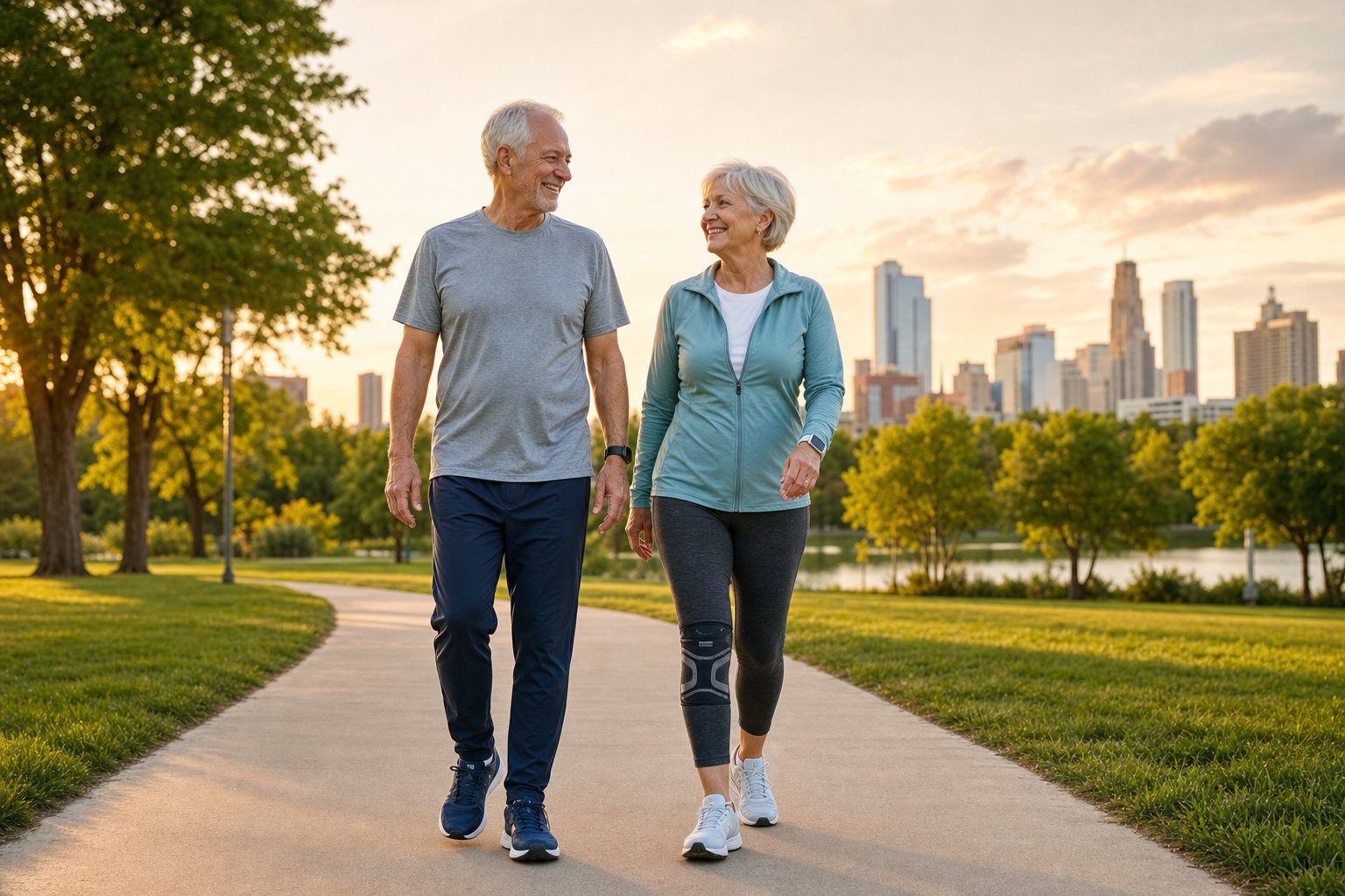 Older couple walks in park at sunset, woman wearing knee brace, both smiling.