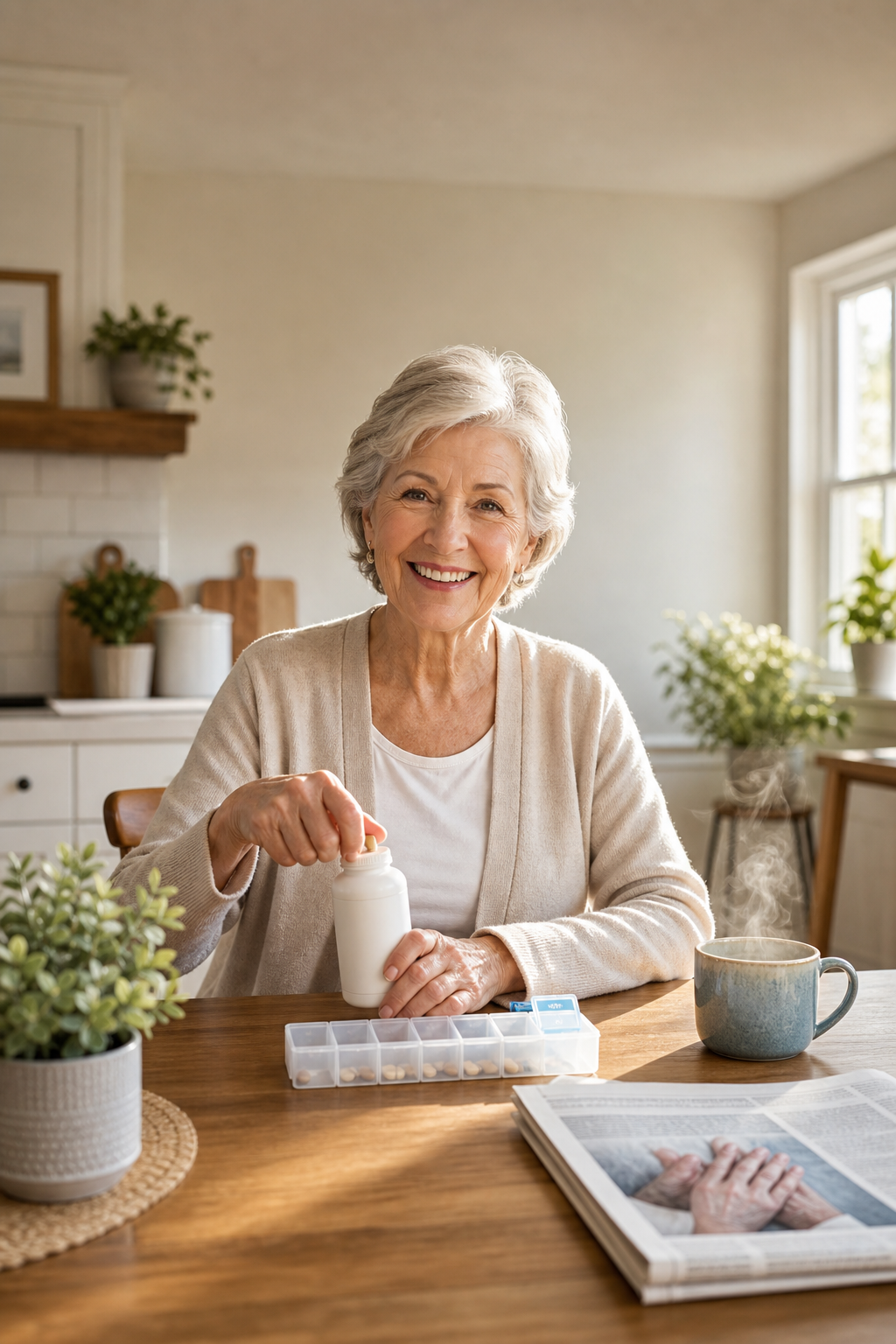 Senior woman opening supplement bottle at kitchen table, arthritis newspaper visible