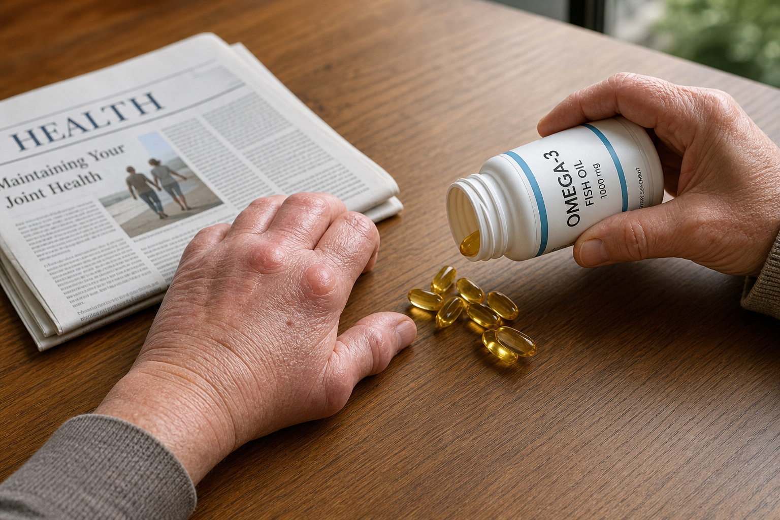 Swollen arthritic hand next to SAMe capsules and arthritis news