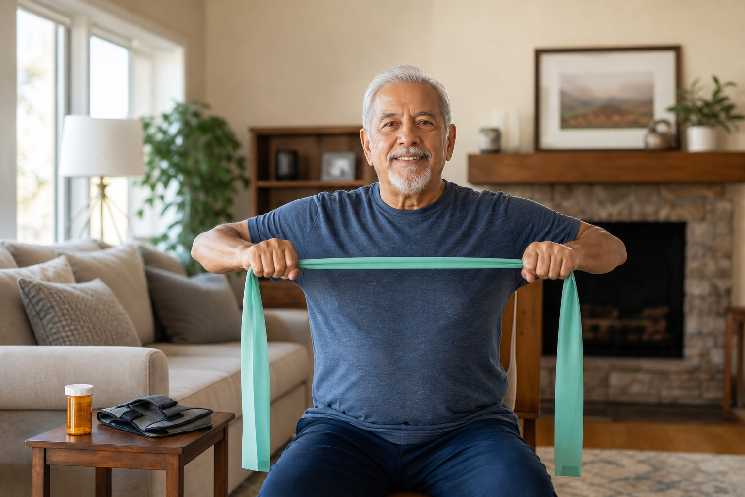 Older man stretching, with pill bottle and knee brace on table