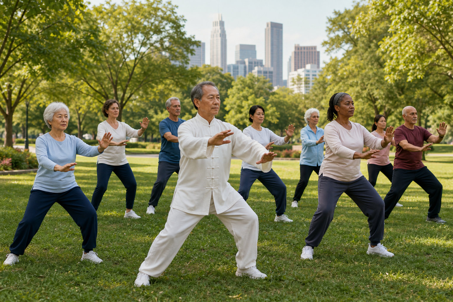 Group of older adults practicing tai chi in a park, promoting arthritis relief and balance