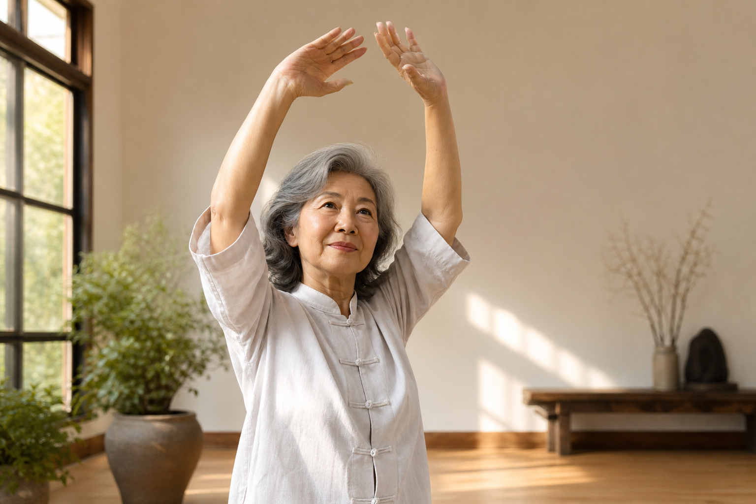 Senior woman's hands stretching during indoor tai chi session, arthritis-friendly movement