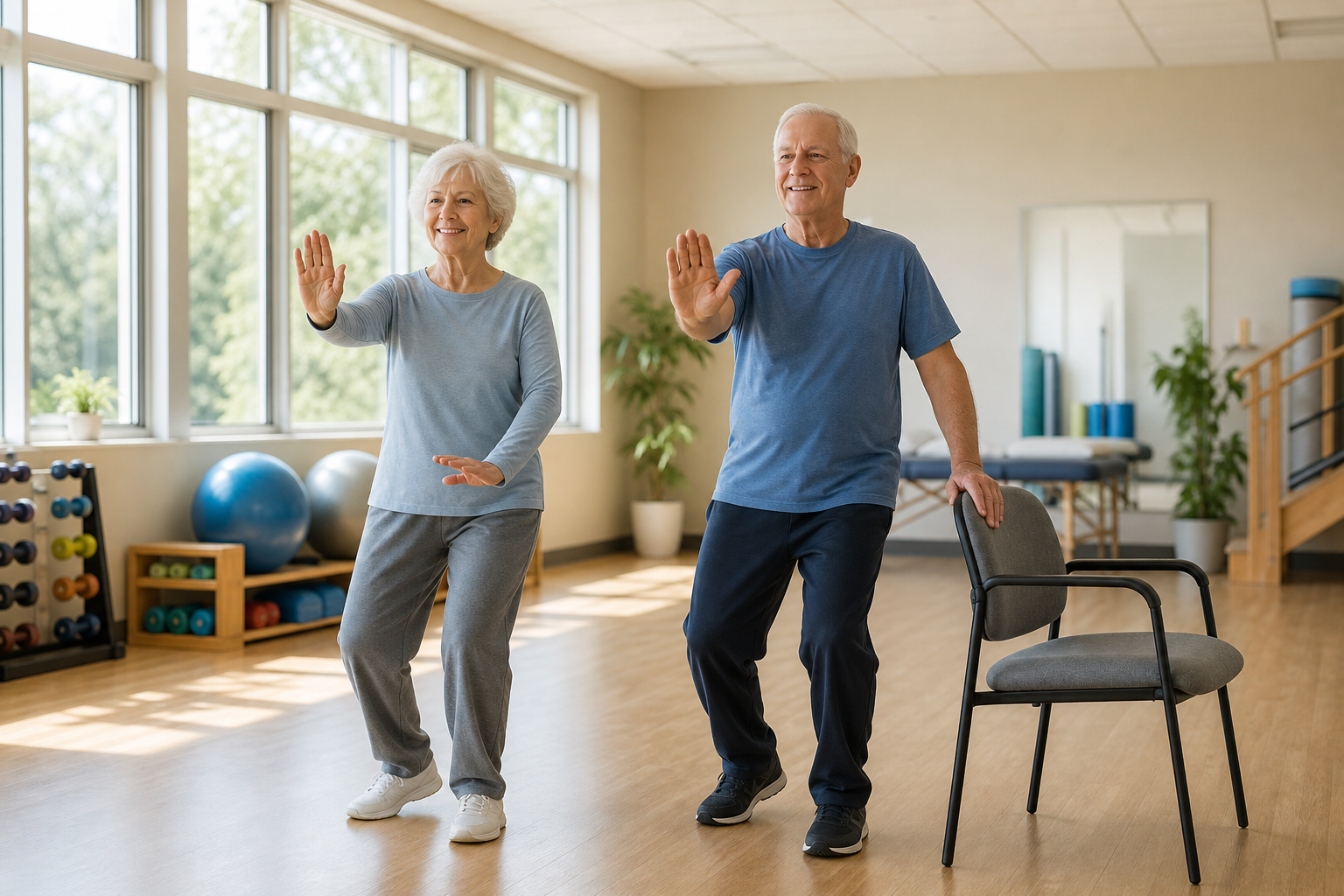 Seniors practicing seated and standing tai chi in therapy gym, improving balance