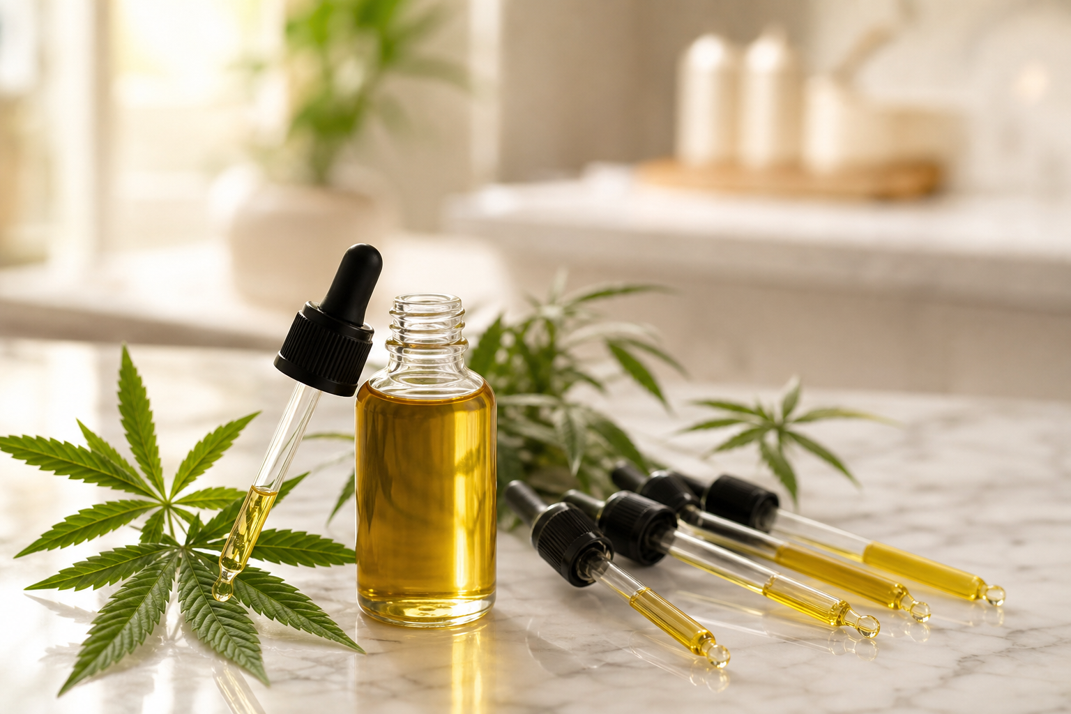CBD oil droppers and bottle with hemp leaves on marble counter