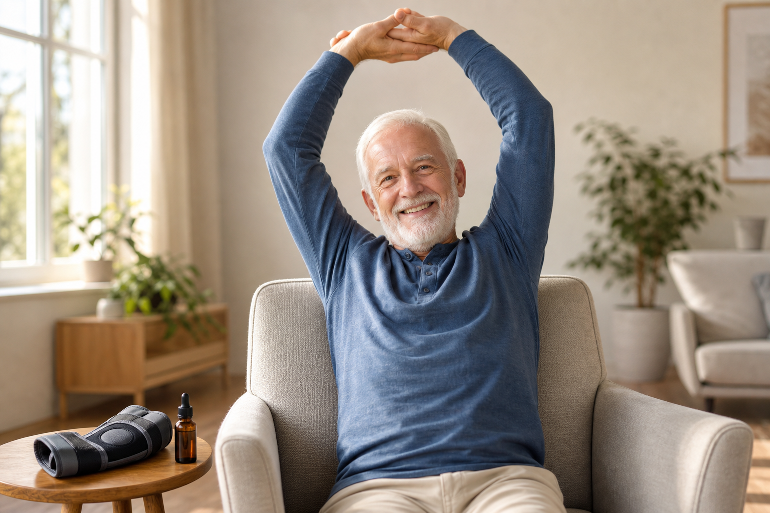 Senior man stretching in living room with CBD oil and knee brace
