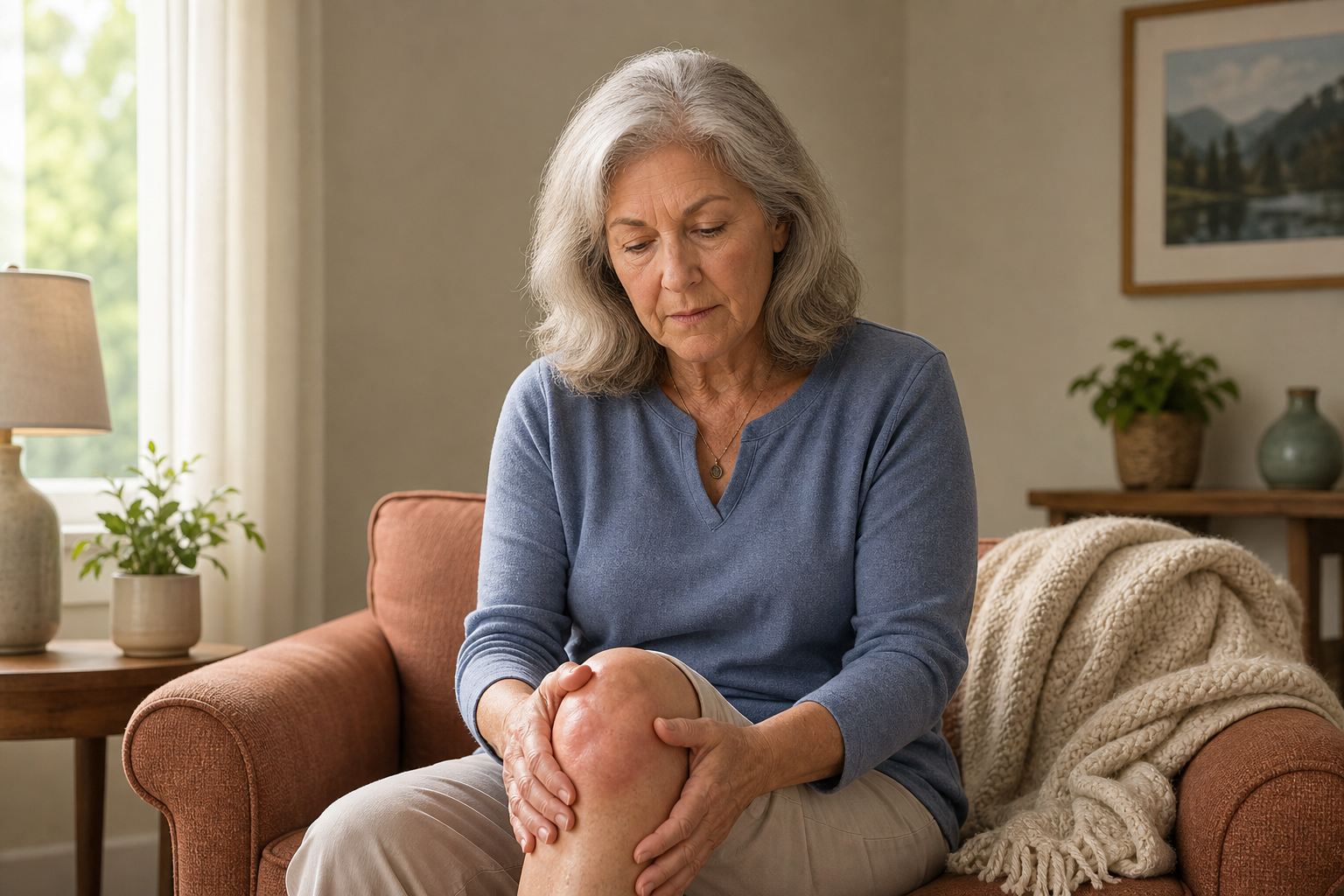 Older adult massaging swollen arthritic knee in living room