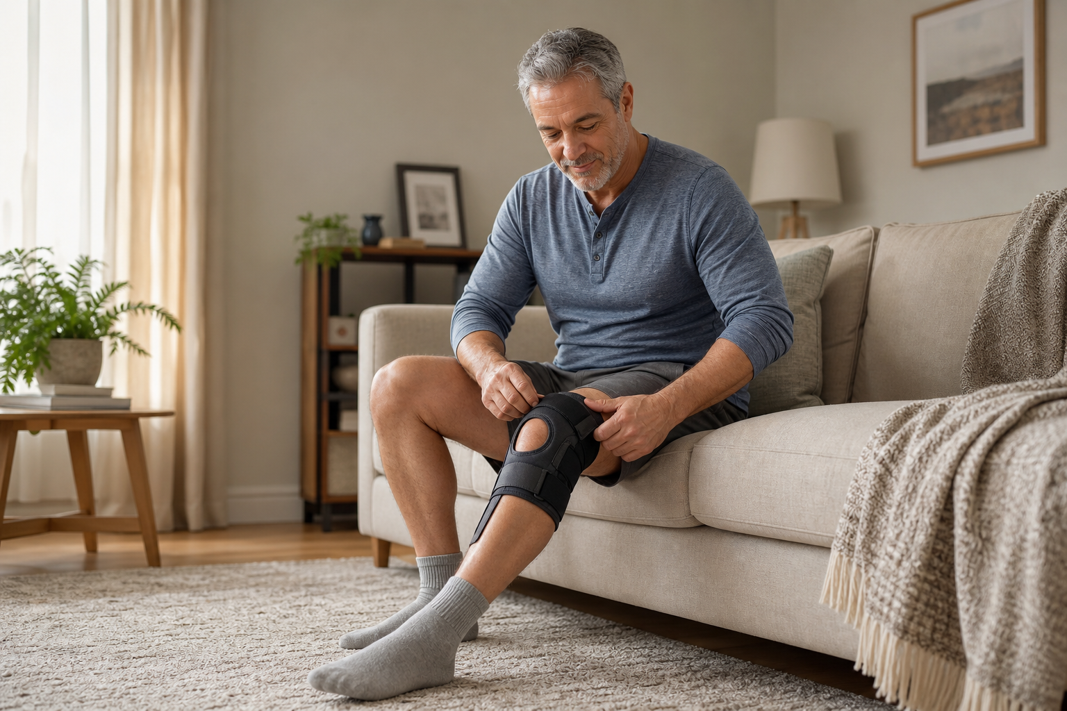 Middle-aged person applying knee brace at home