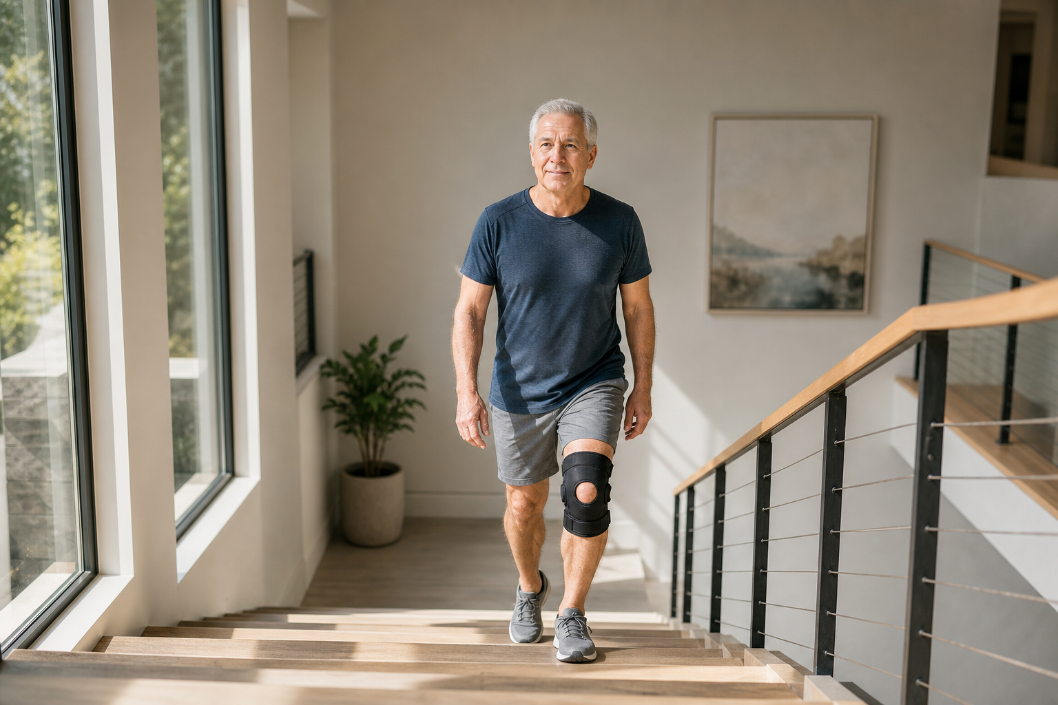 Older adult climbing stairs with supportive knee brace, sunlit scene