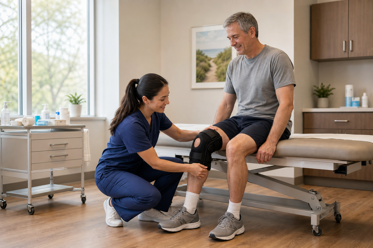 Nurse fitting a professional knee brace for arthritis on a patient.
