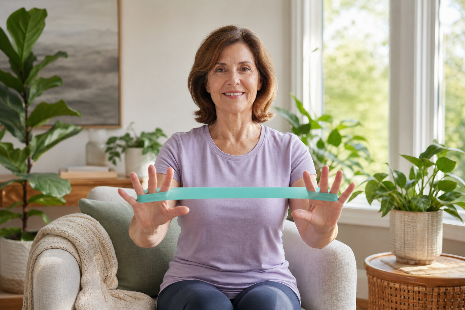 Woman doing hand exercises for arthritis relief at home.