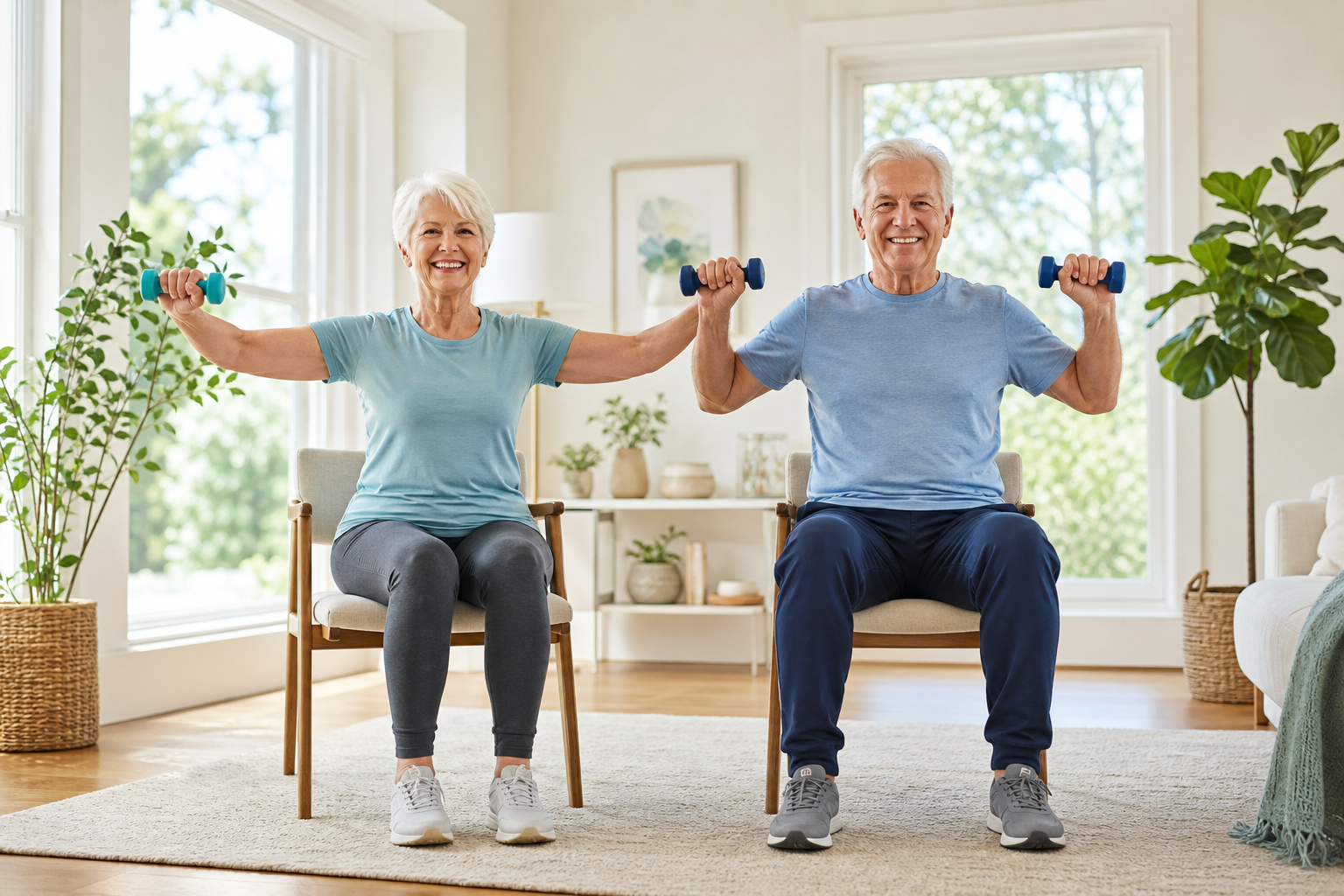Senior couple doing chair exercises at home in a bright living room
