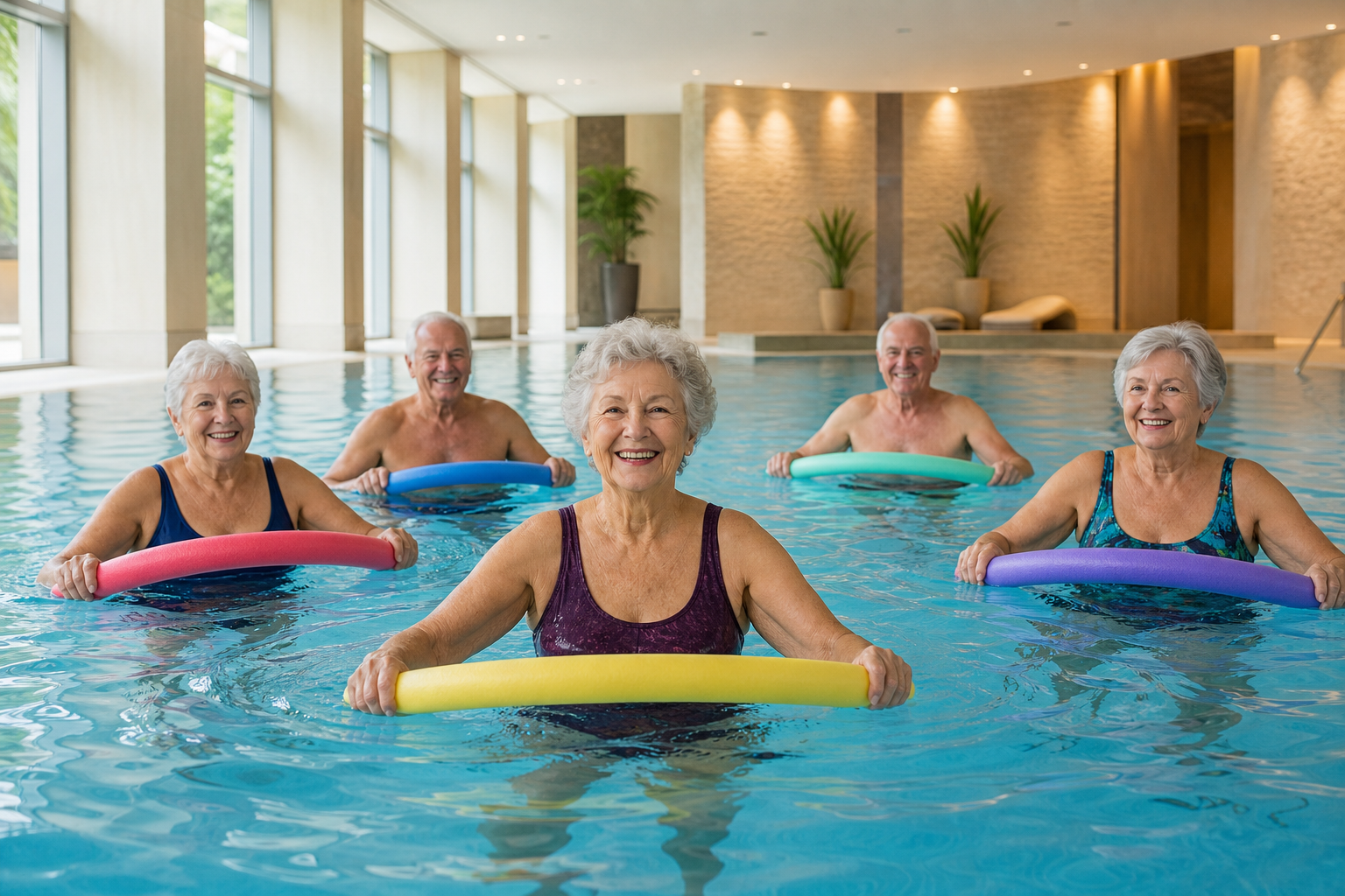 Senior group enjoying gentle water aerobics in a sunny indoor pool
