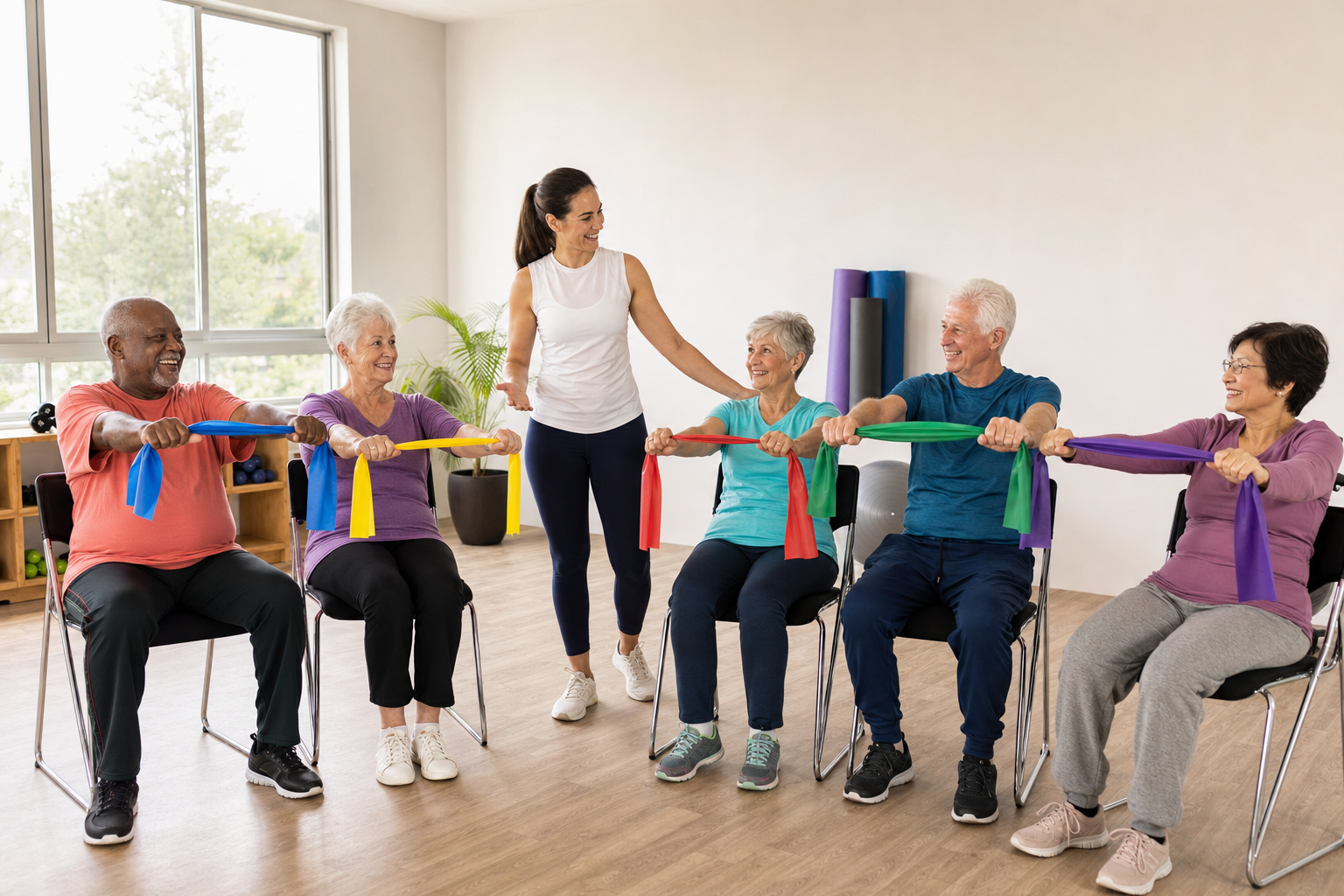 Older adults exercising with resistance bands in a group class
