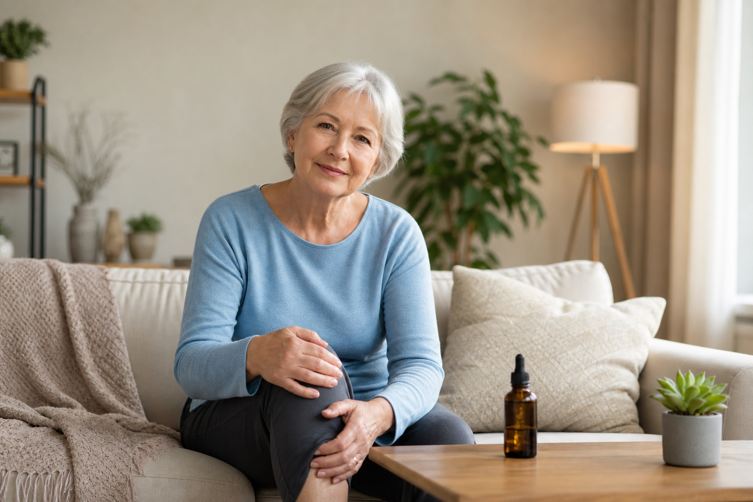 Older adult with CBD oil massaging knee for joint pain