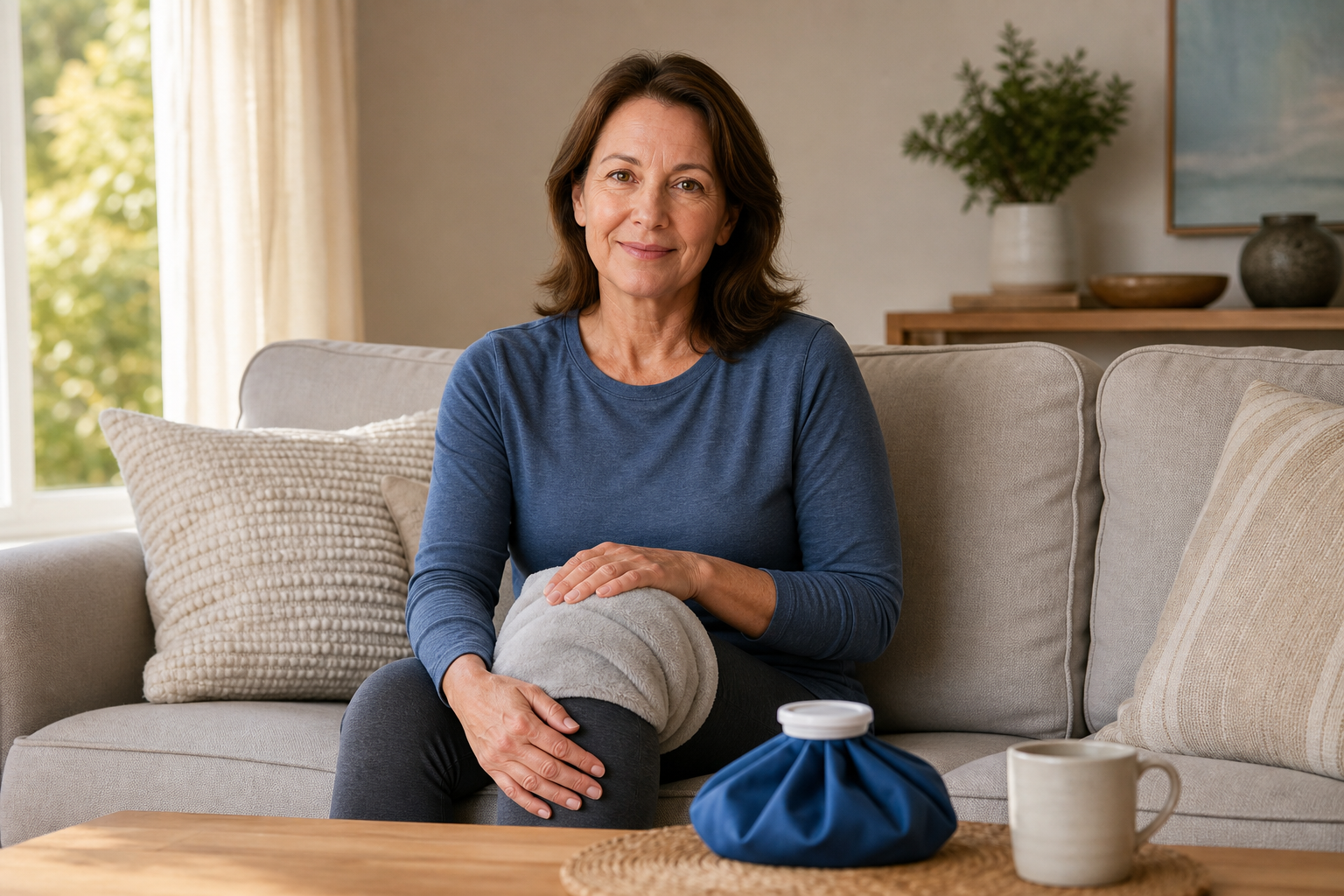 Woman using heating pad for knee pain, ice pack on table