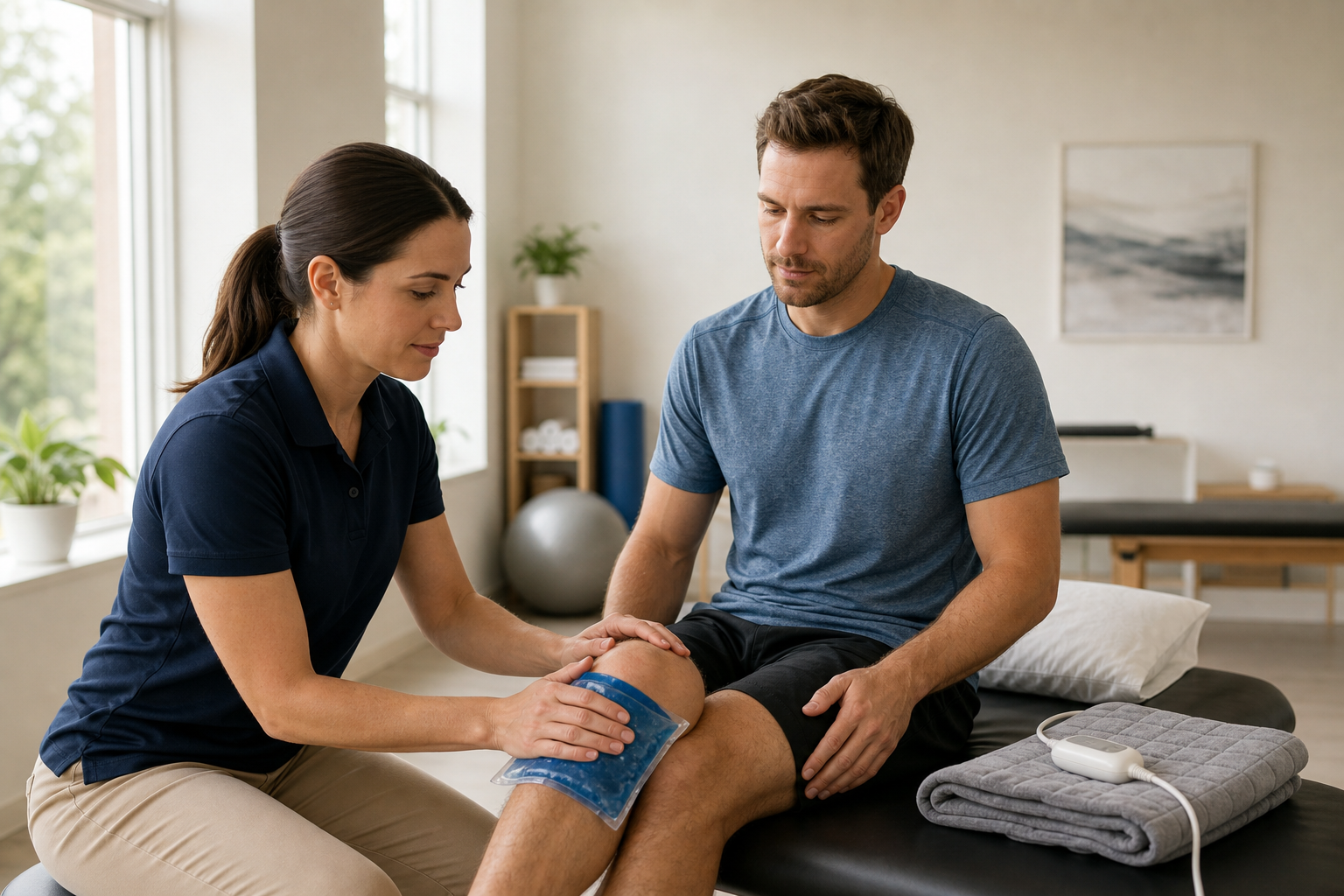 Physical therapist applying cold gel pack with heating pad nearby