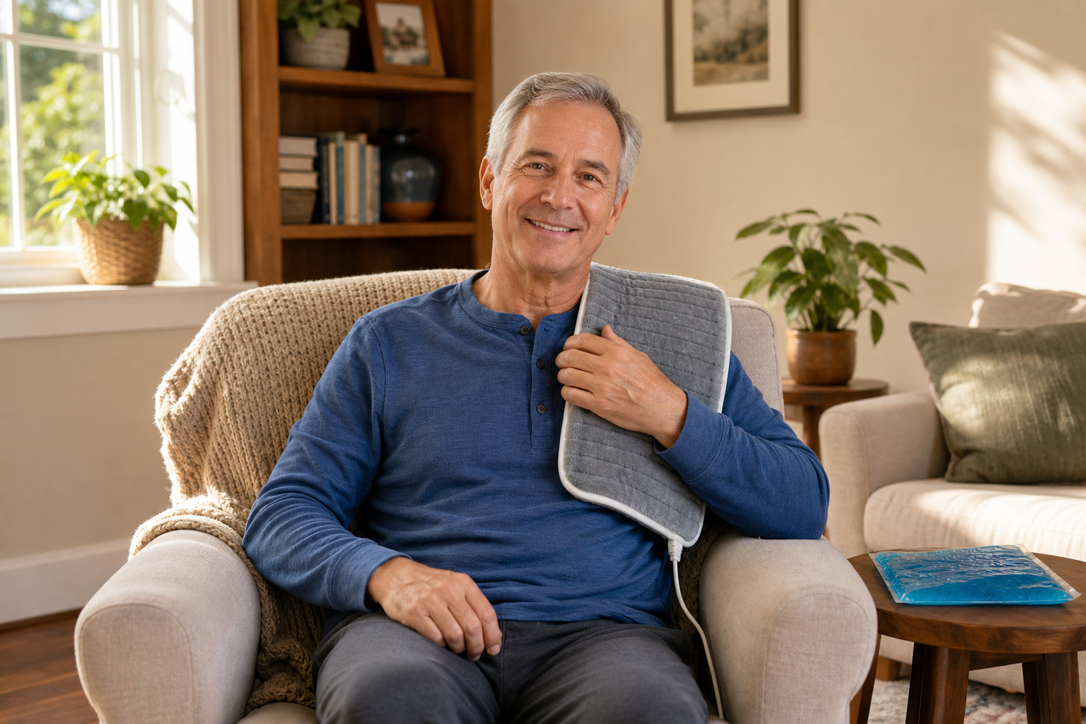 Older man using heating pad on shoulder, ice pack nearby
